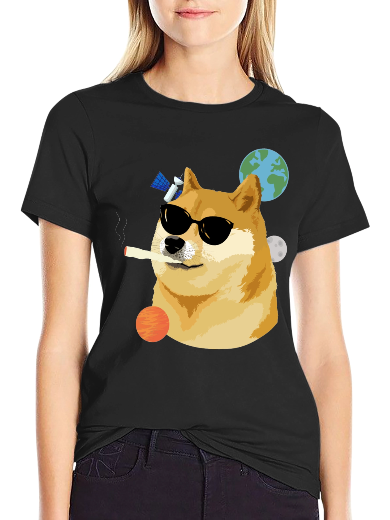 Cool Doge Smoking in Space T-Shirt