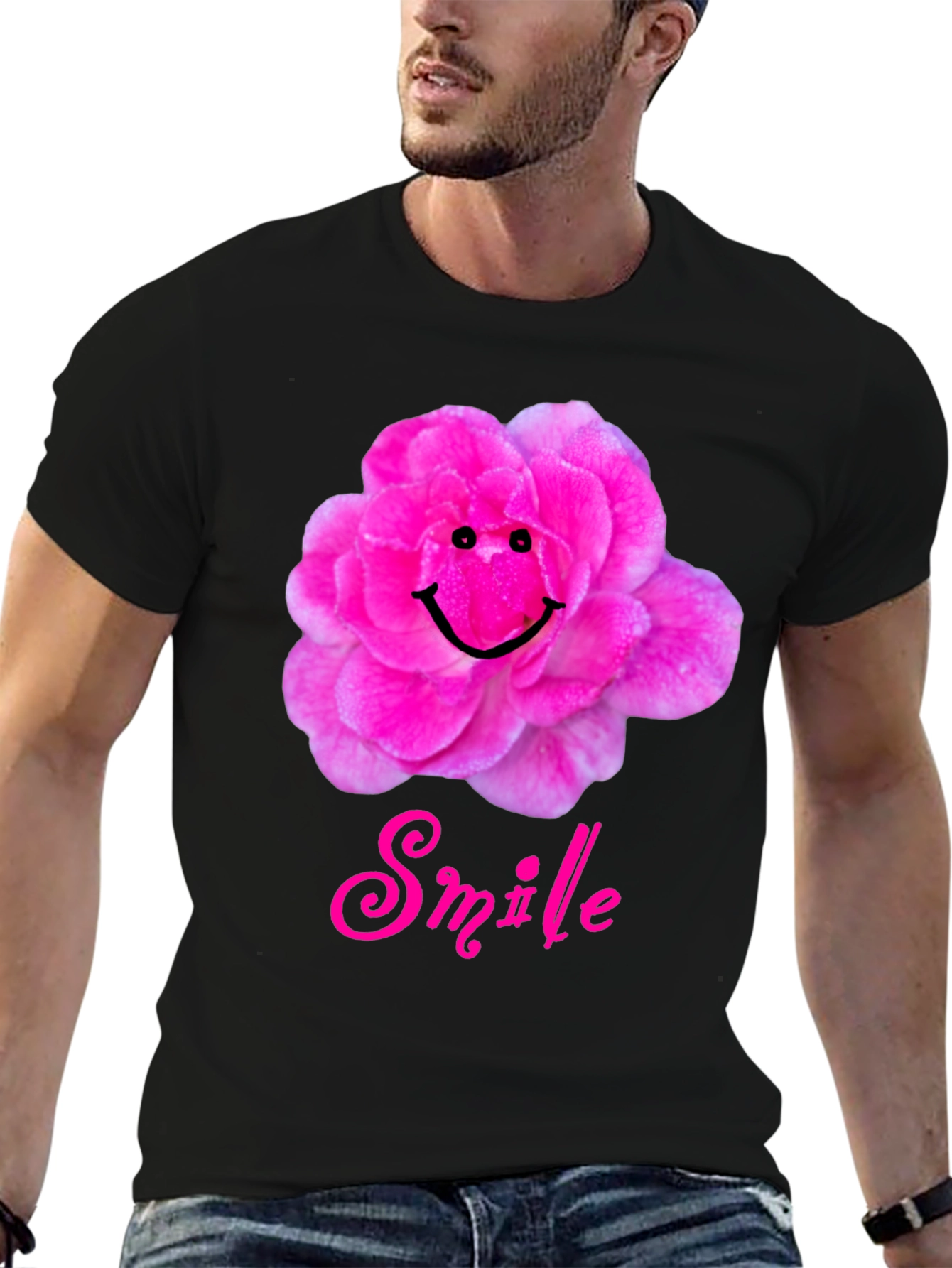 Smile Flower Graphic T-Shirt - Black Casual Tee