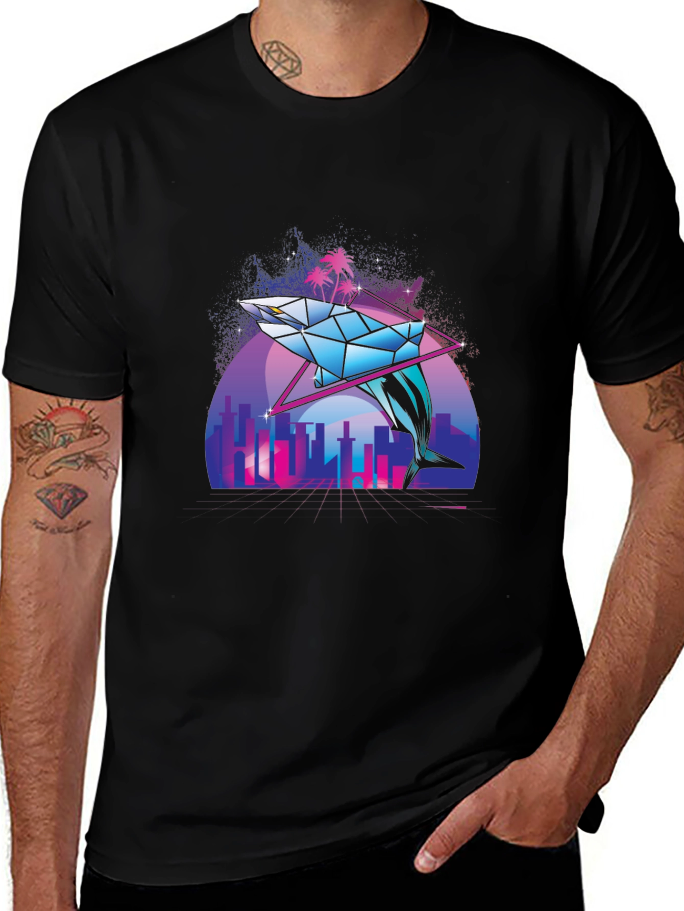 Geometric Dolphin Graphic Tee - Vaporwave Style