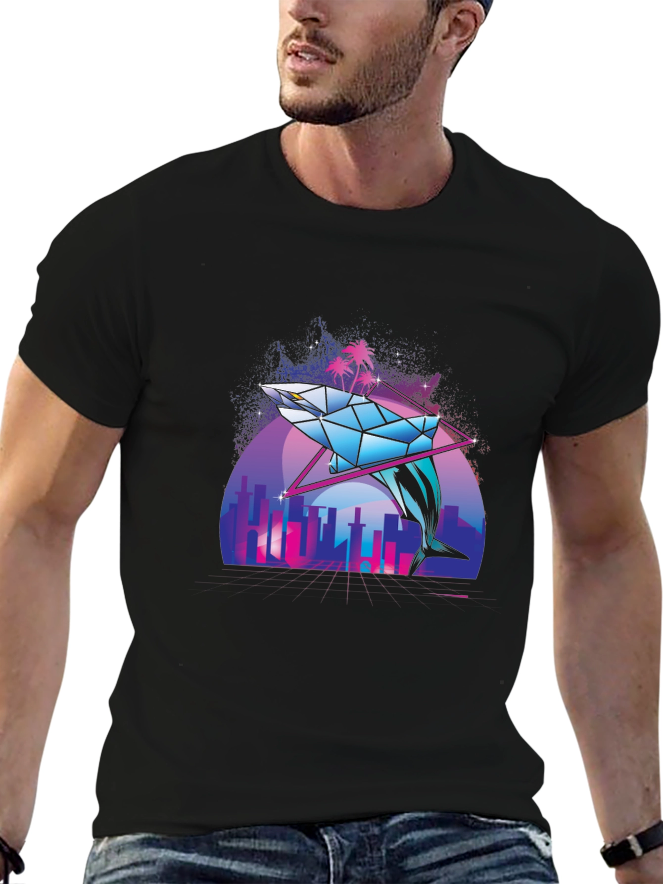 Geometric Dolphin Graphic Tee - Vaporwave Style