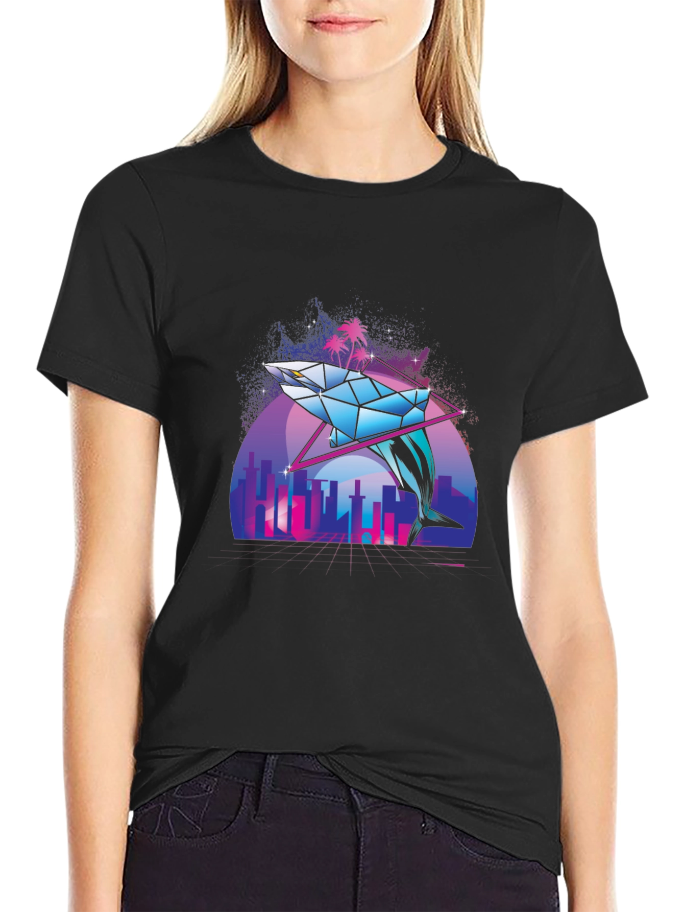 Geometric Dolphin Graphic Tee - Vaporwave Style