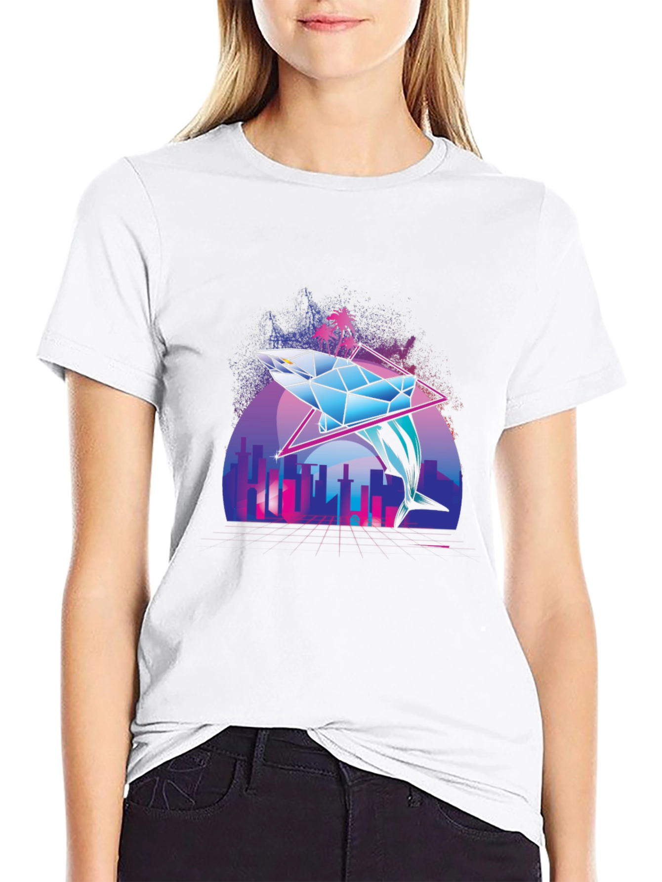 Geometric Dolphin Graphic Tee - Vaporwave Style