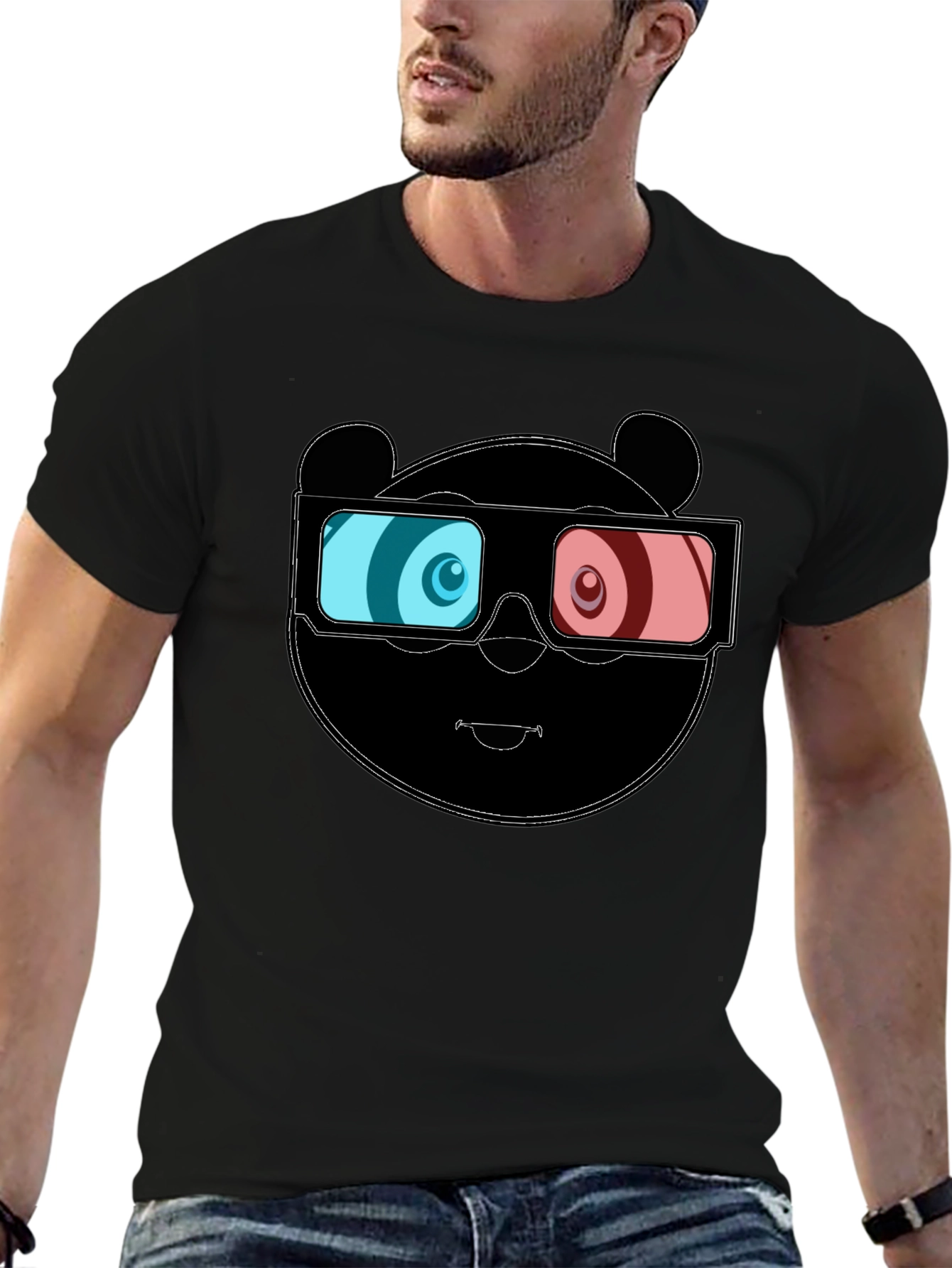 Cool Panda 3D Glasses Graphic Black T-Shirt