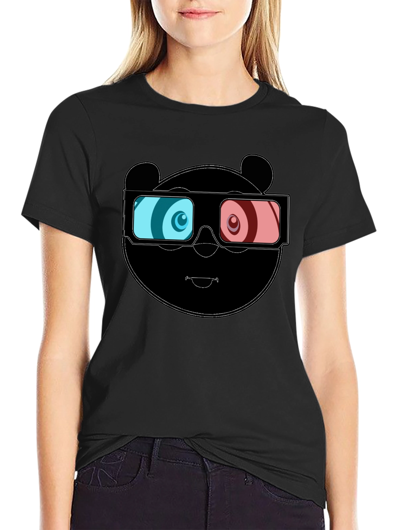 Cool Panda 3D Glasses Graphic Black T-Shirt