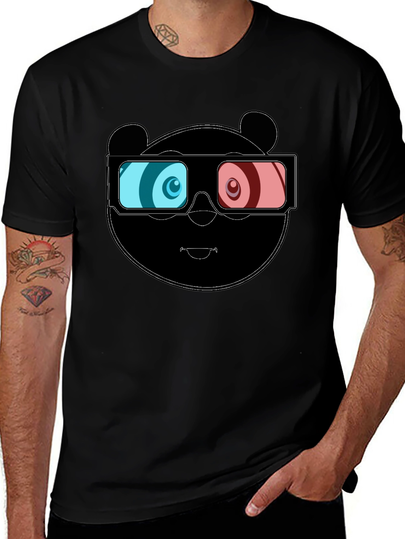 Cool Panda 3D Glasses Graphic Black T-Shirt