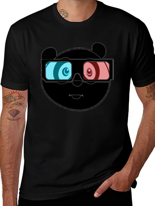 Cool Panda 3D Glasses Graphic Black T-Shirt