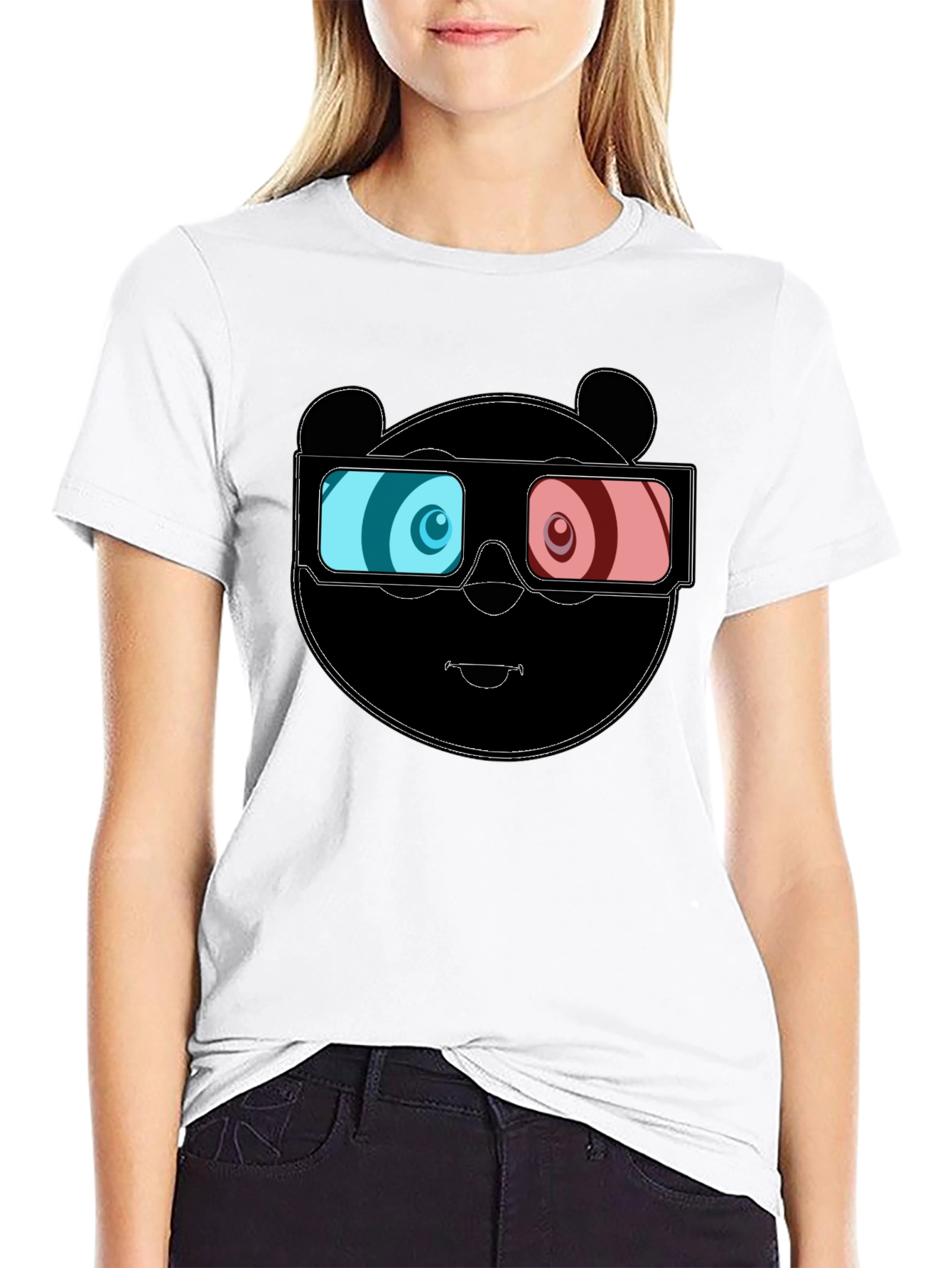 Cool Panda 3D Glasses Graphic Black T-Shirt