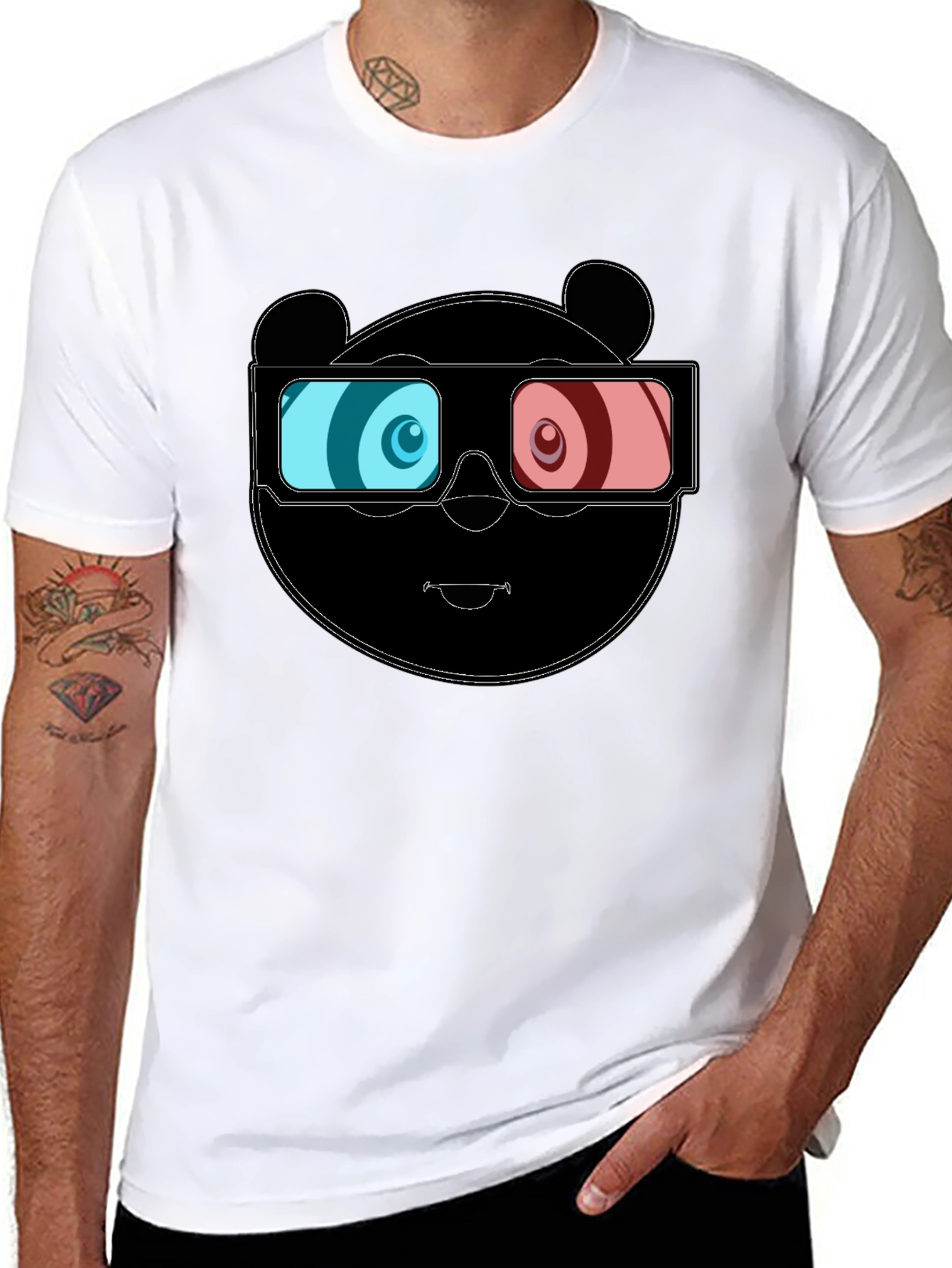 Cool Panda 3D Glasses Graphic Black T-Shirt