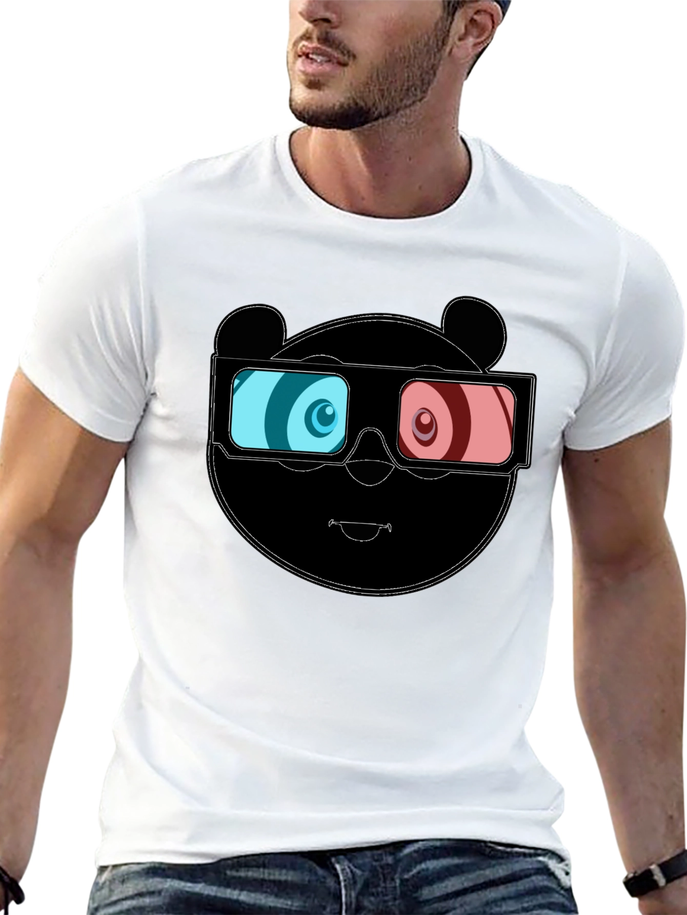 Cool Panda 3D Glasses Graphic Black T-Shirt