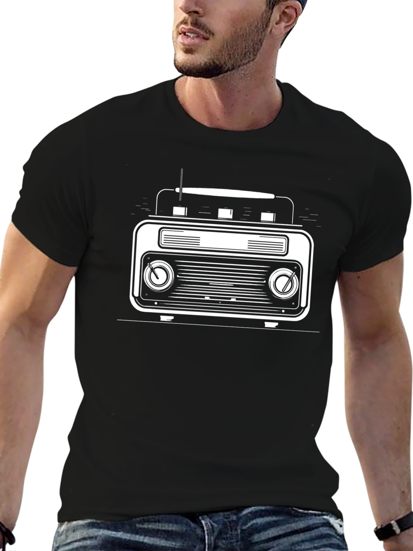 Retro Radio Graphic Tee - Stylish Black T-Shirt