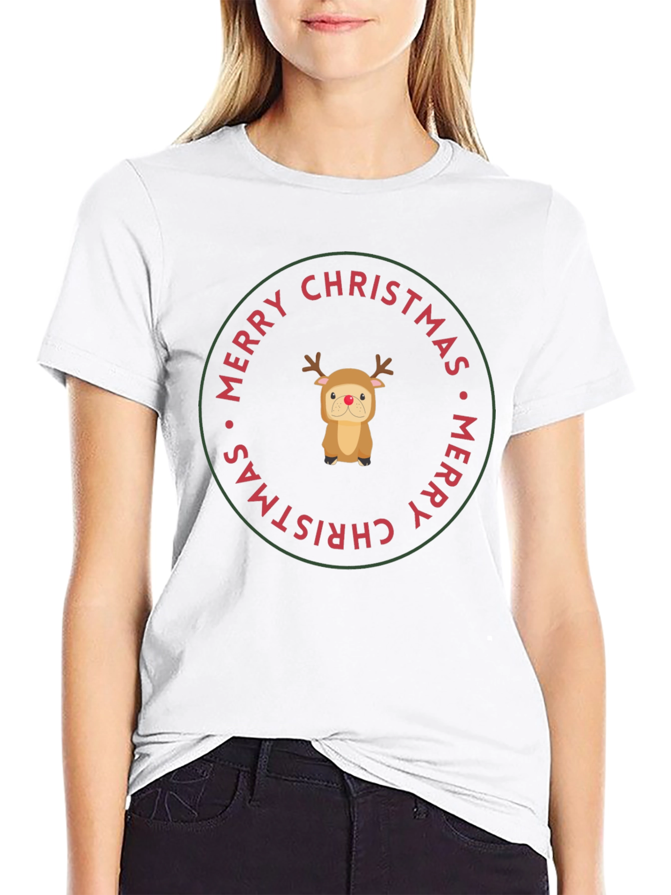 Merry Christmas Reindeer Dog Black T-Shirt
