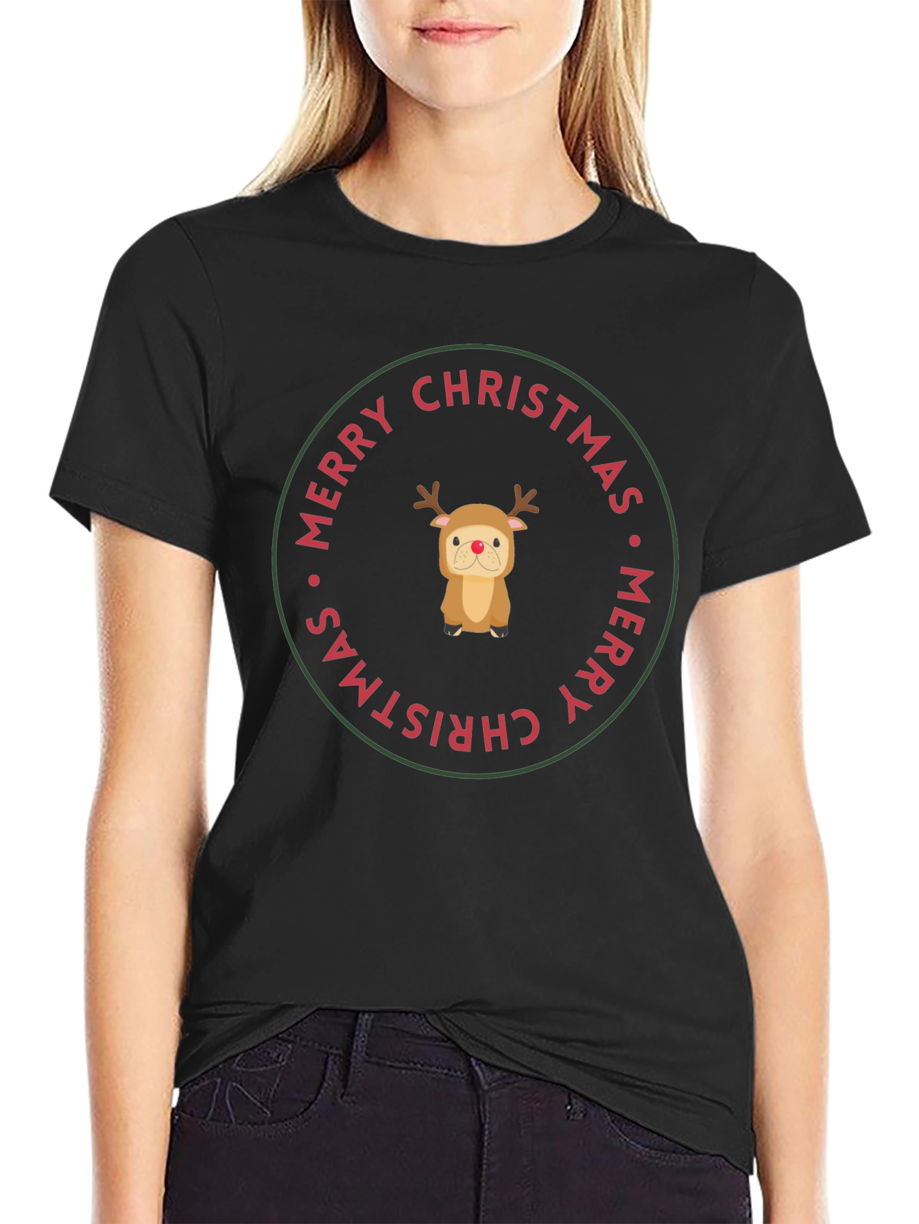 Merry Christmas Reindeer Dog Black T-Shirt