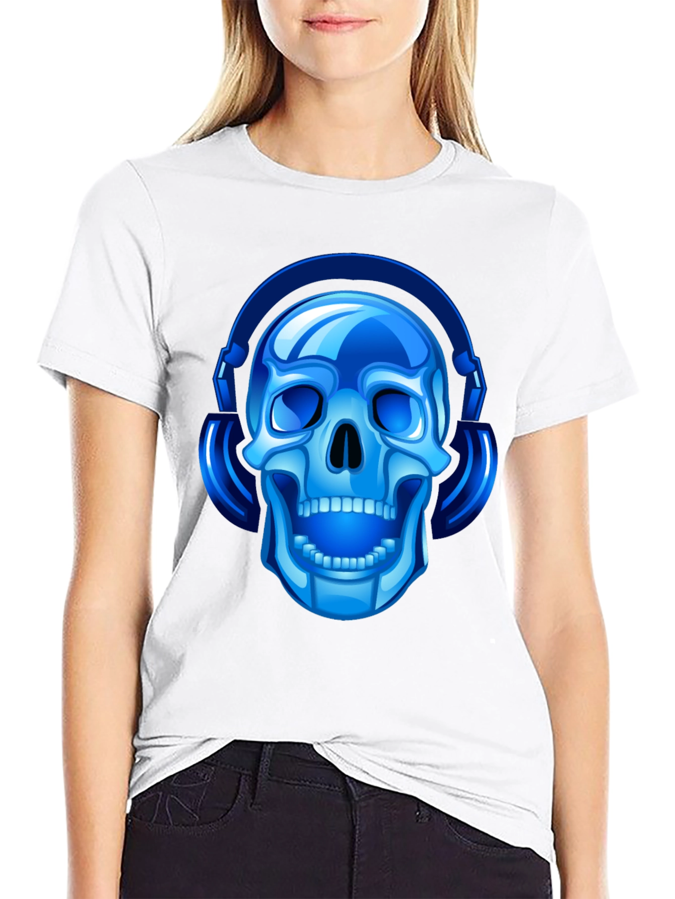 Blue Skull with Headphones Graphic Tee
