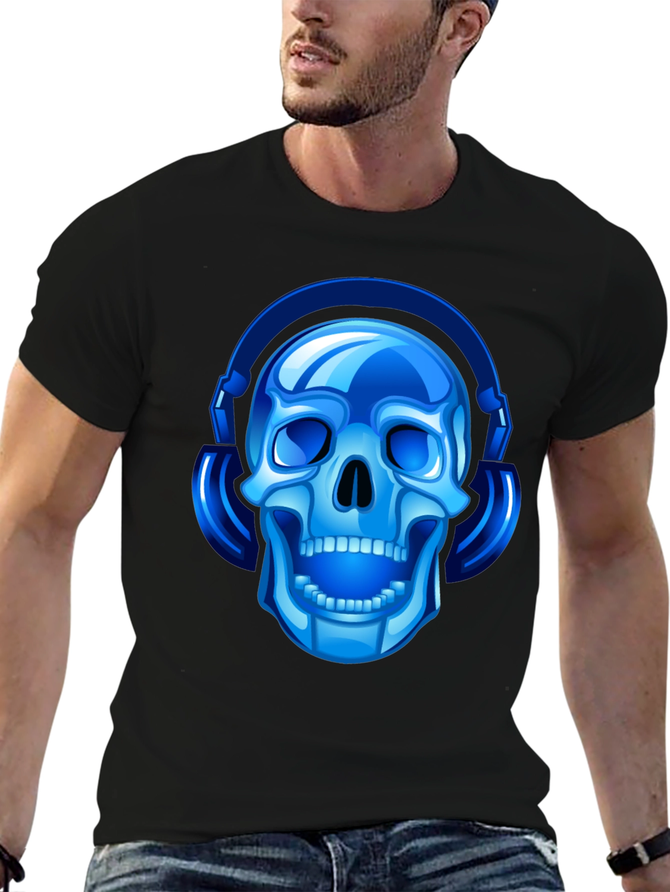 Blue Skull with Headphones Graphic Tee