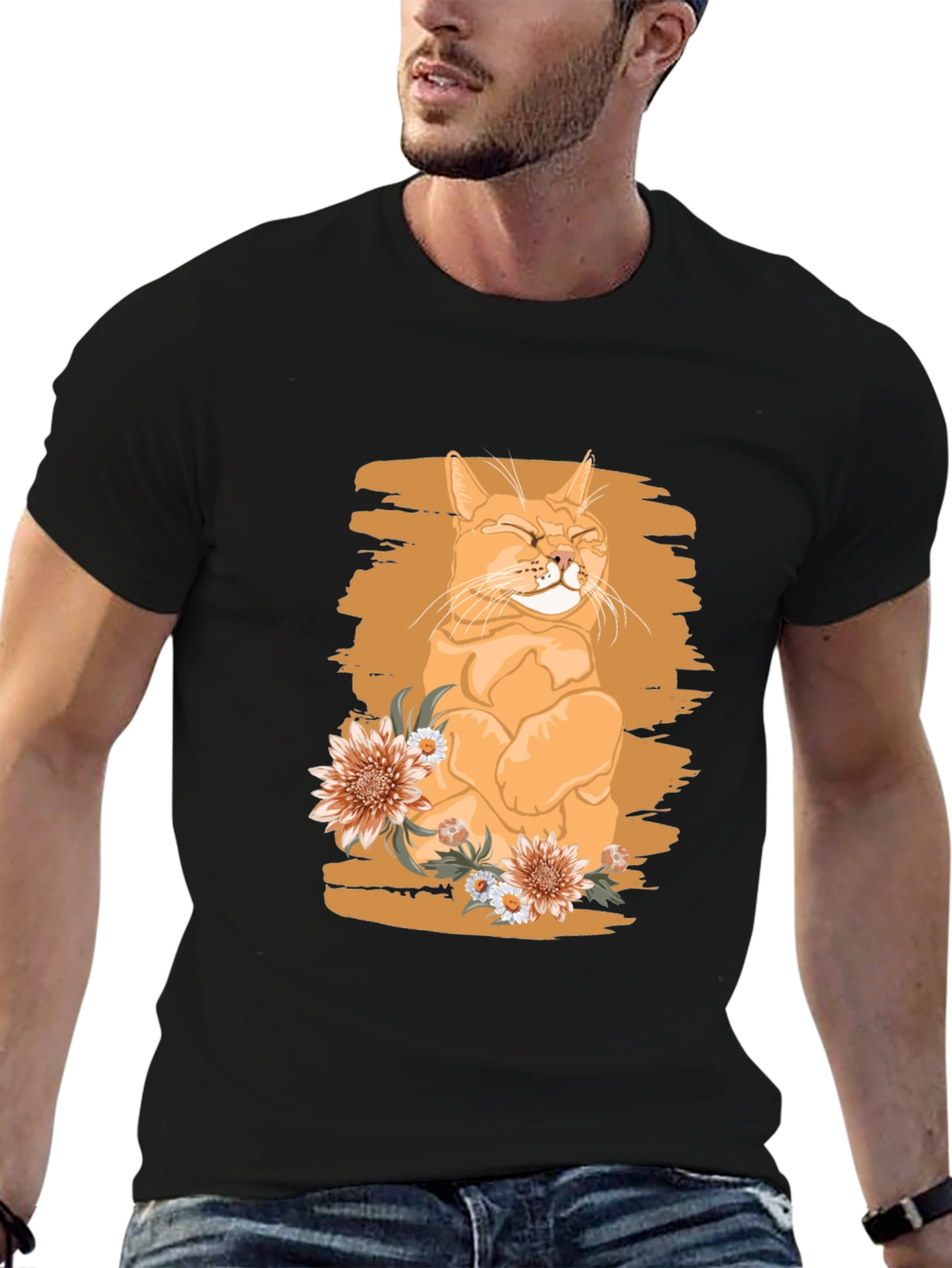 Orange Cat with Flowers Graphic Tee