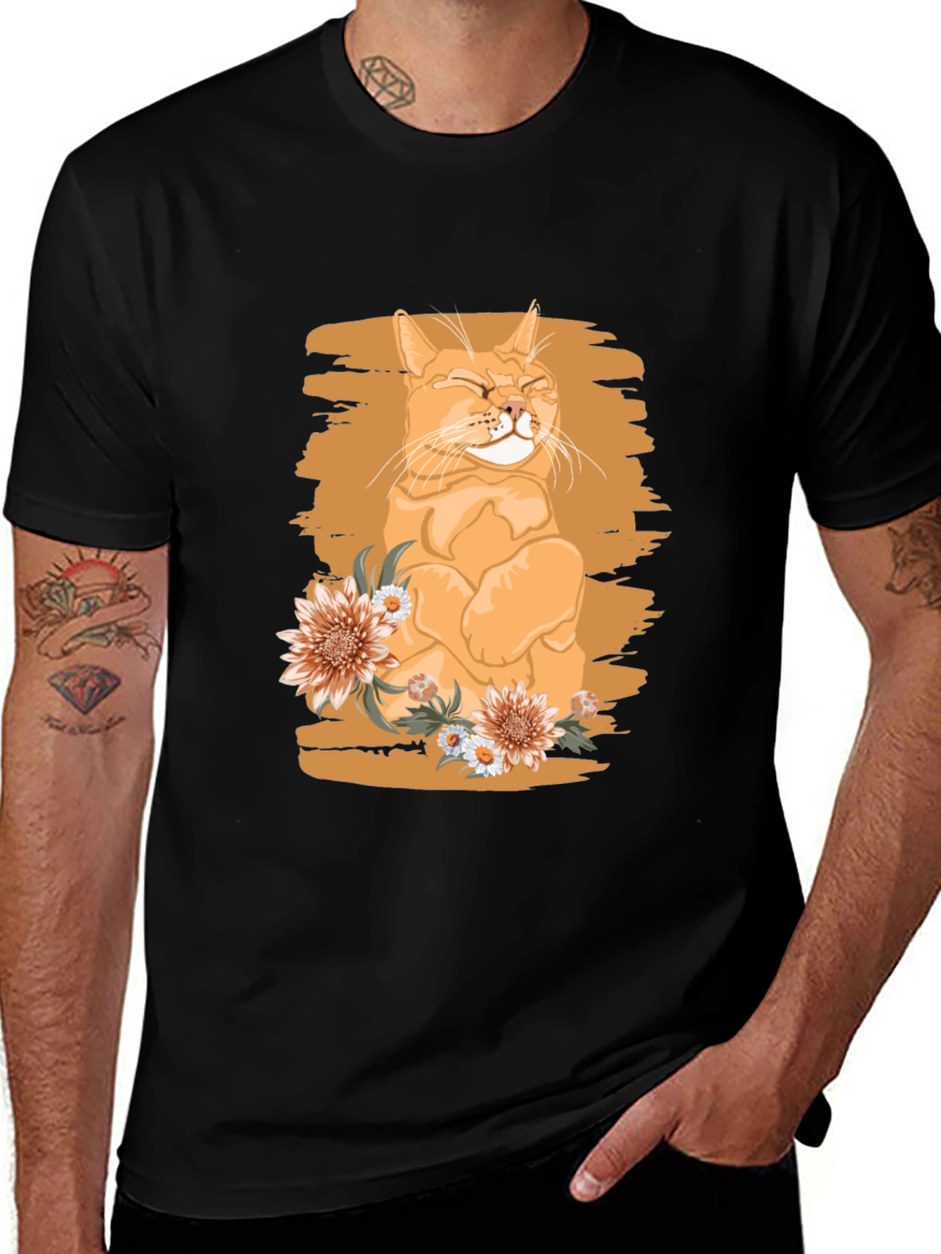 Orange Cat with Flowers Graphic Tee