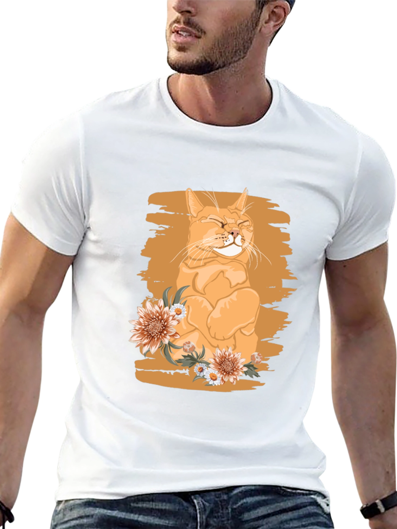 Orange Cat with Flowers Graphic Tee