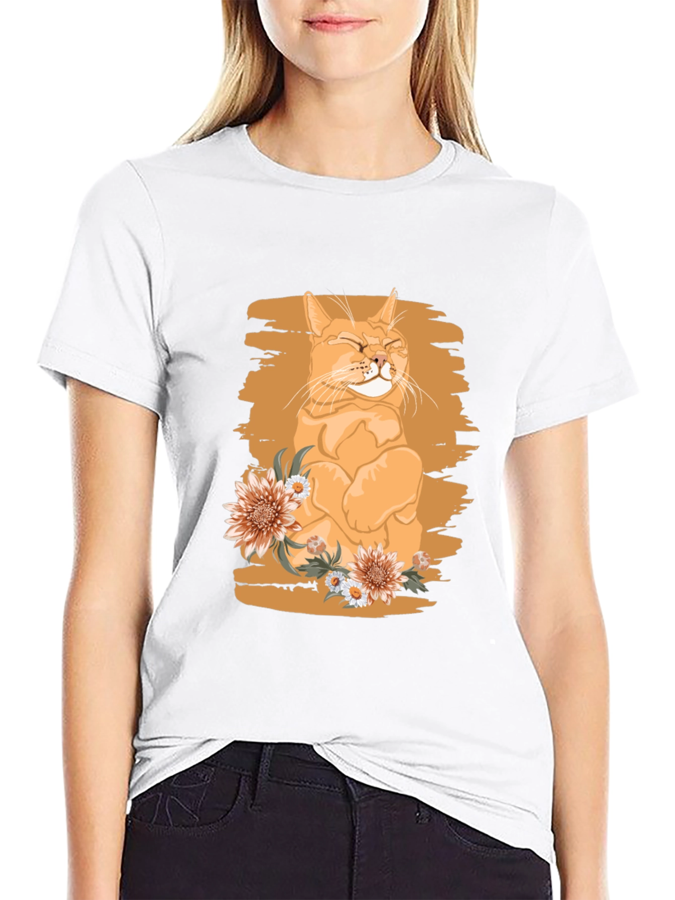 Orange Cat with Flowers Graphic Tee