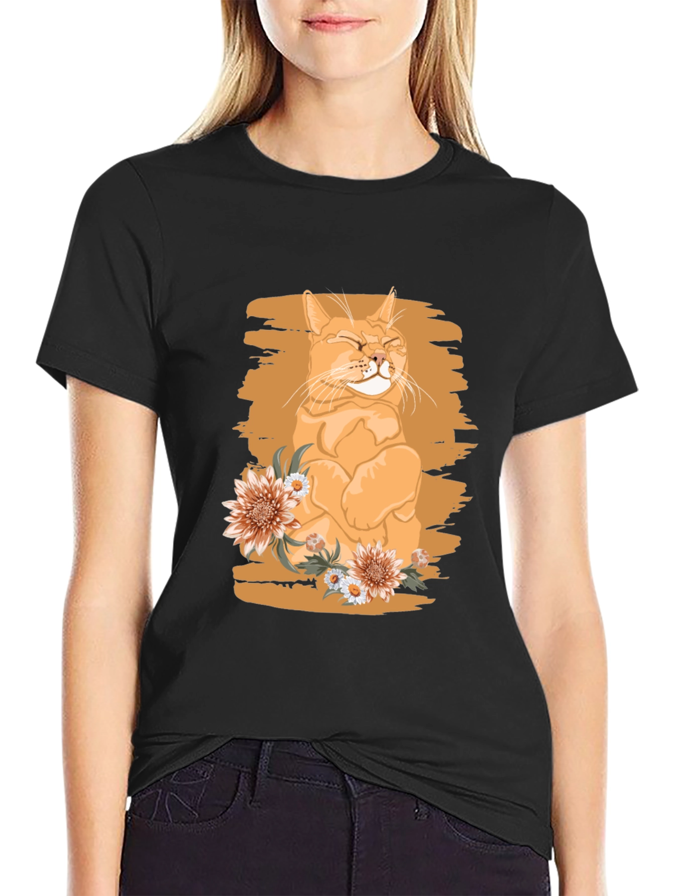 Orange Cat with Flowers Graphic Tee