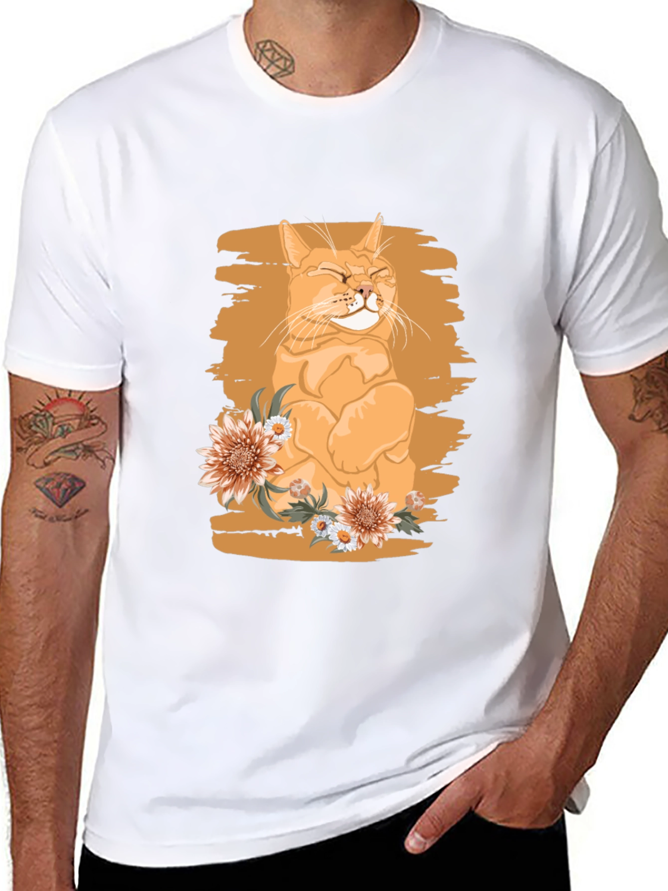 Orange Cat with Flowers Graphic Tee