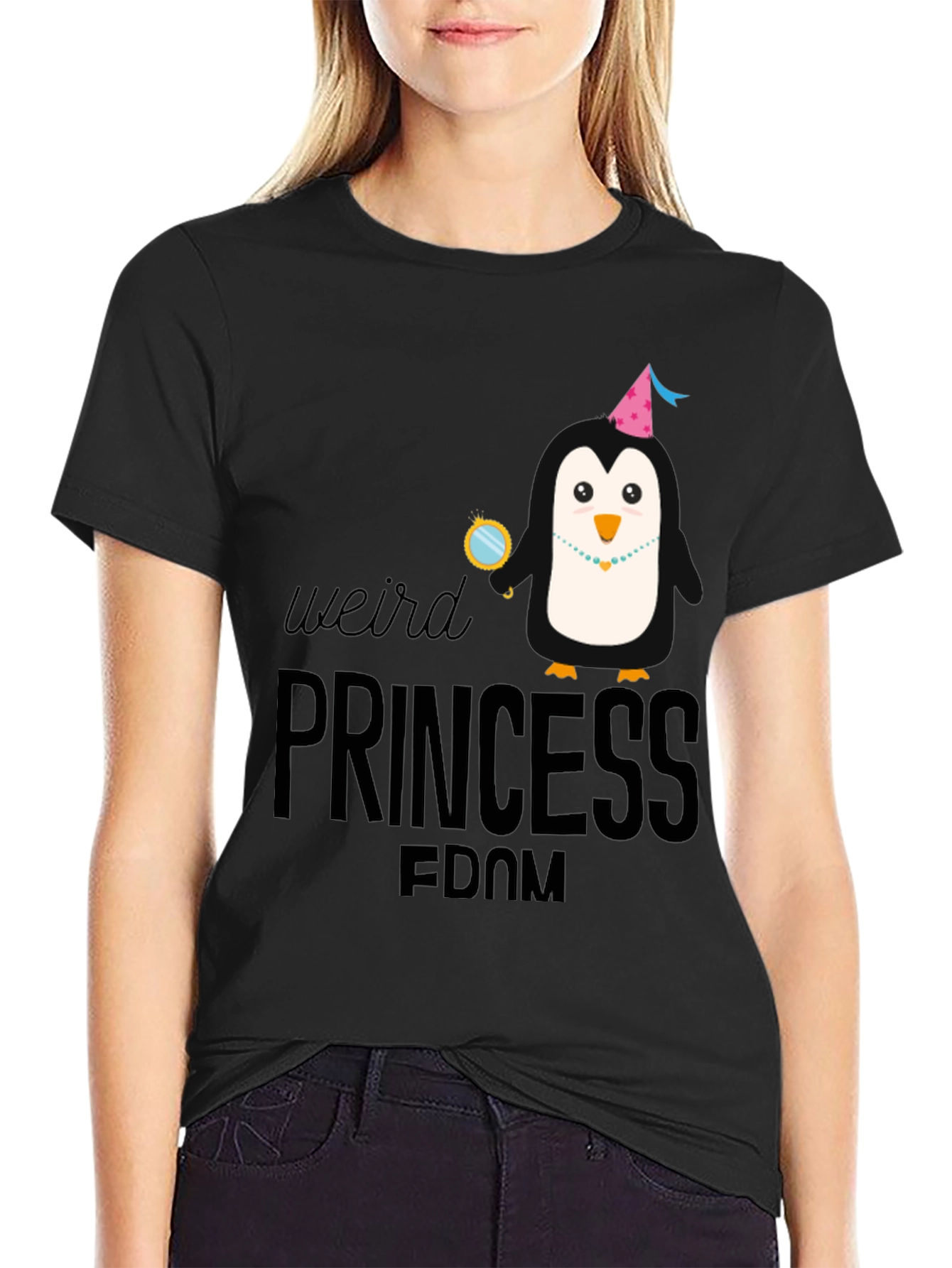 Weird Princess Penguin Graphic T-Shirt - Black