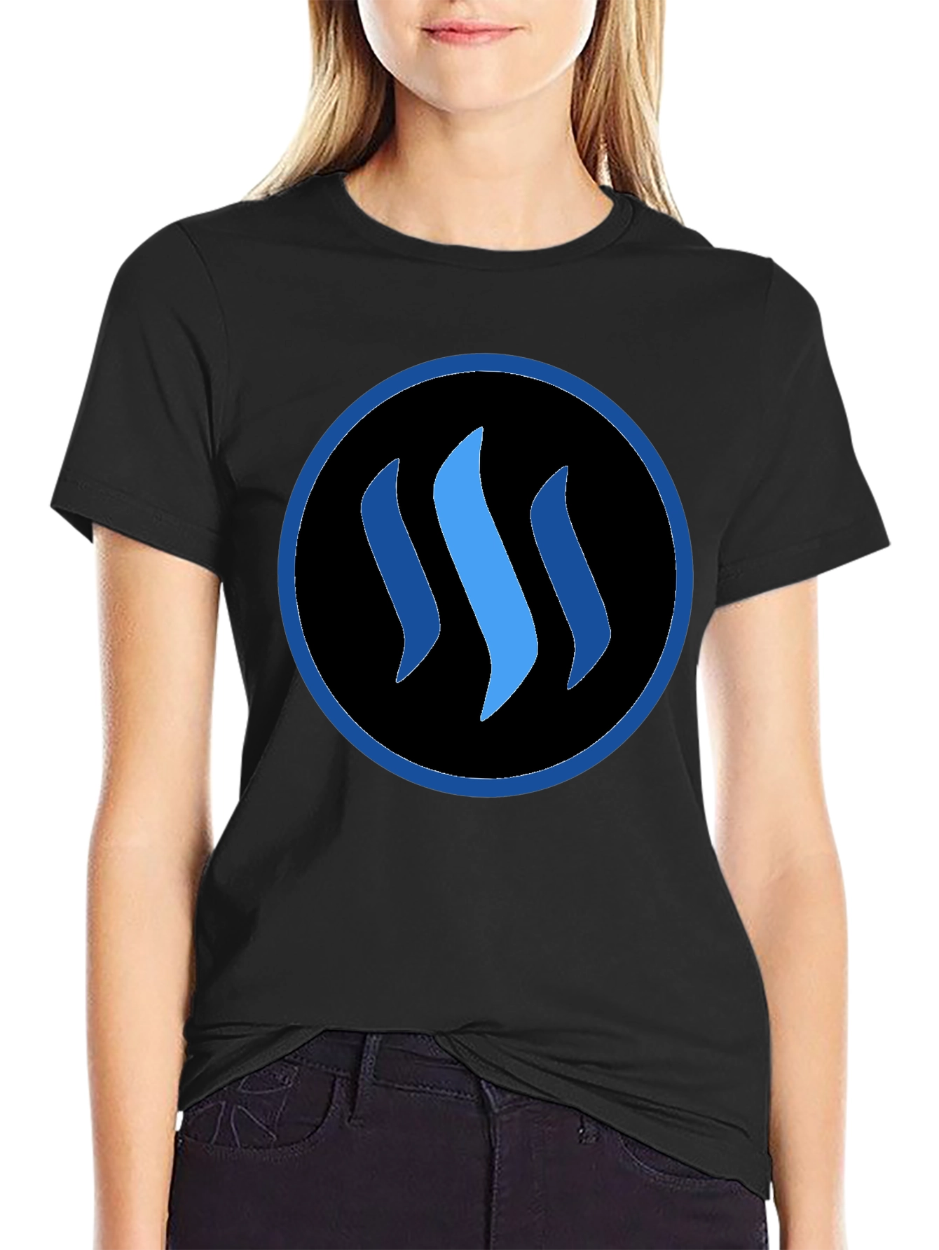 Blue Steemit Logo Black T-Shirt