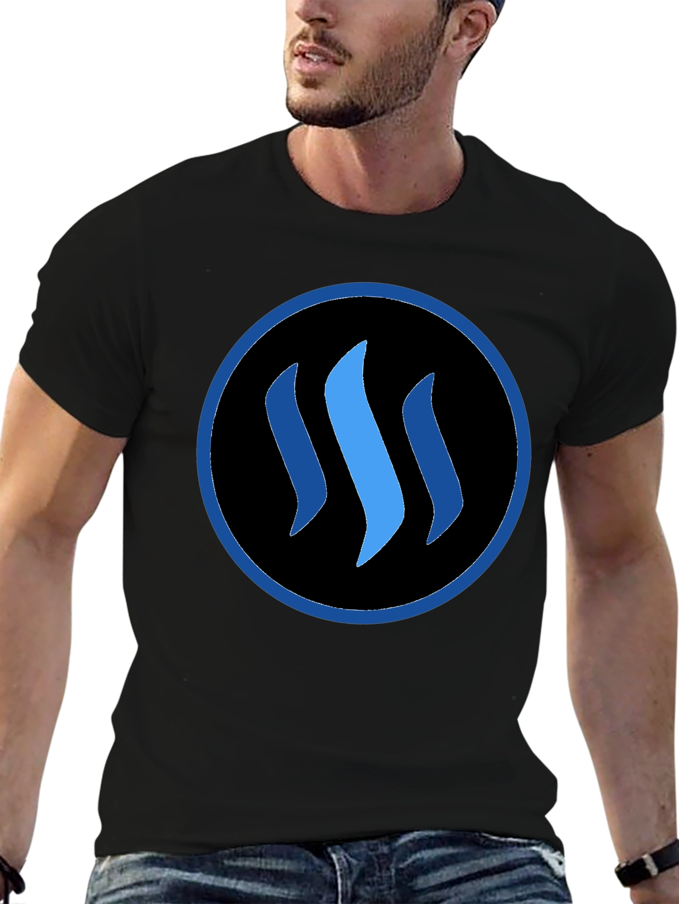 Blue Steemit Logo Black T-Shirt