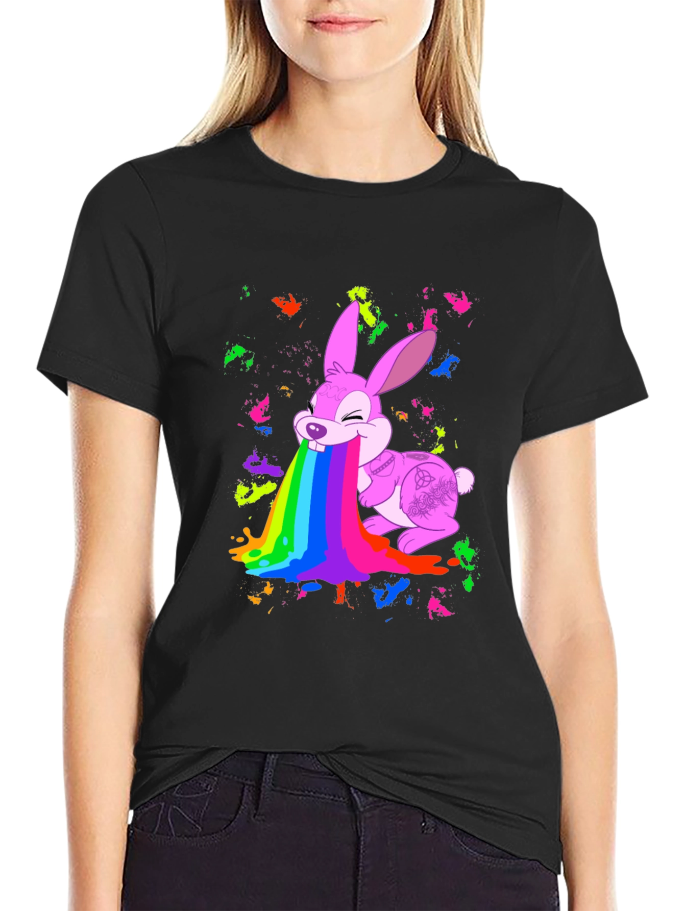 Rainbow Puke Bunny Black T-Shirt