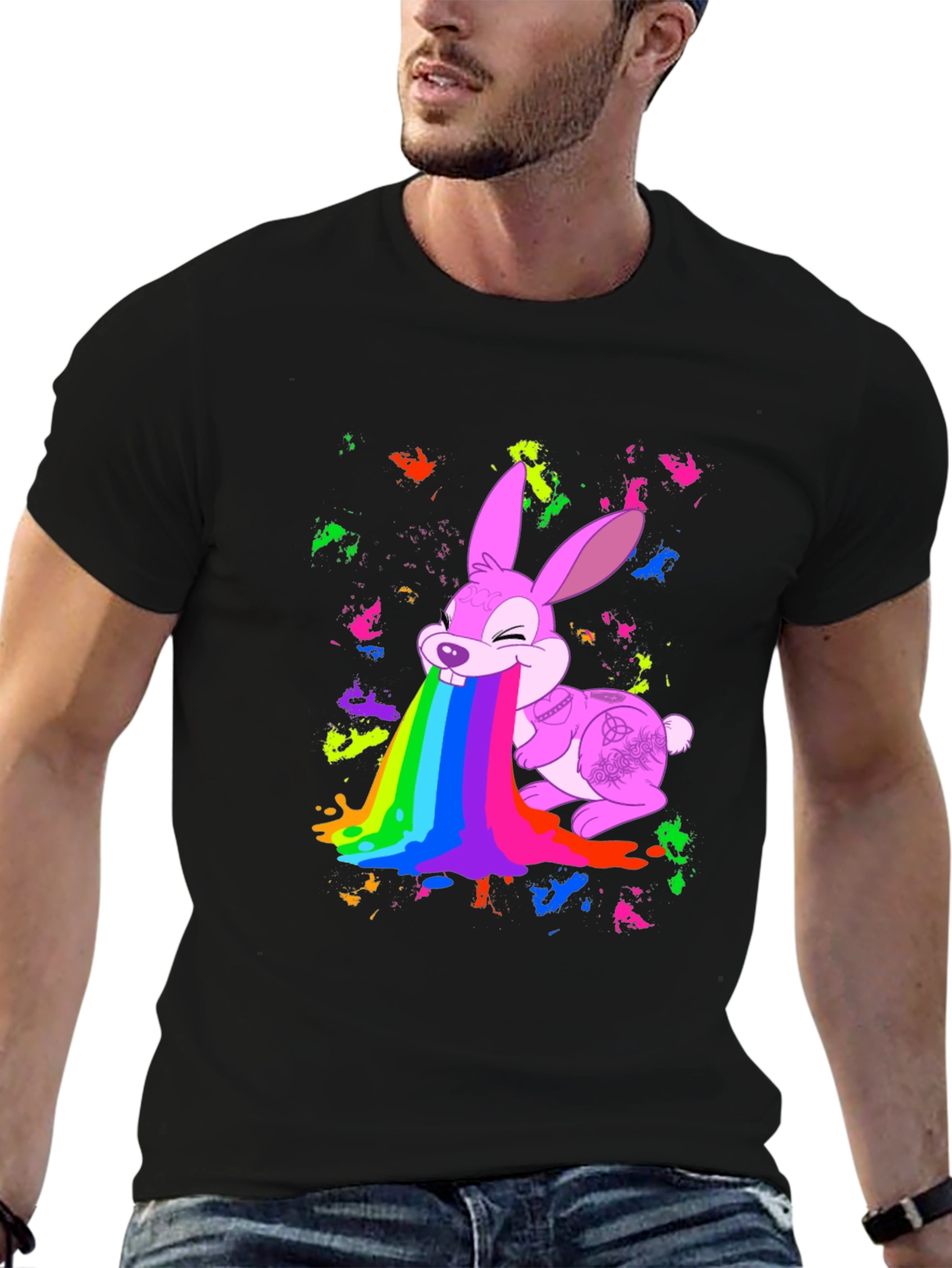 Rainbow Puke Bunny Black T-Shirt