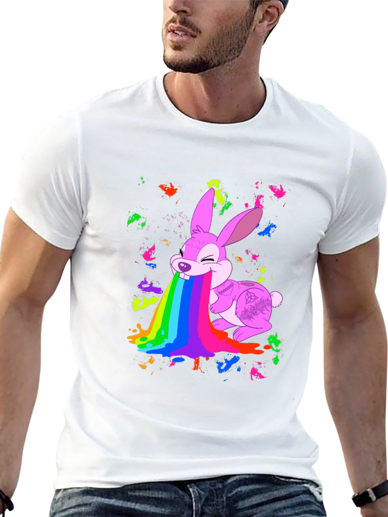 Rainbow Puke Bunny Black T-Shirt