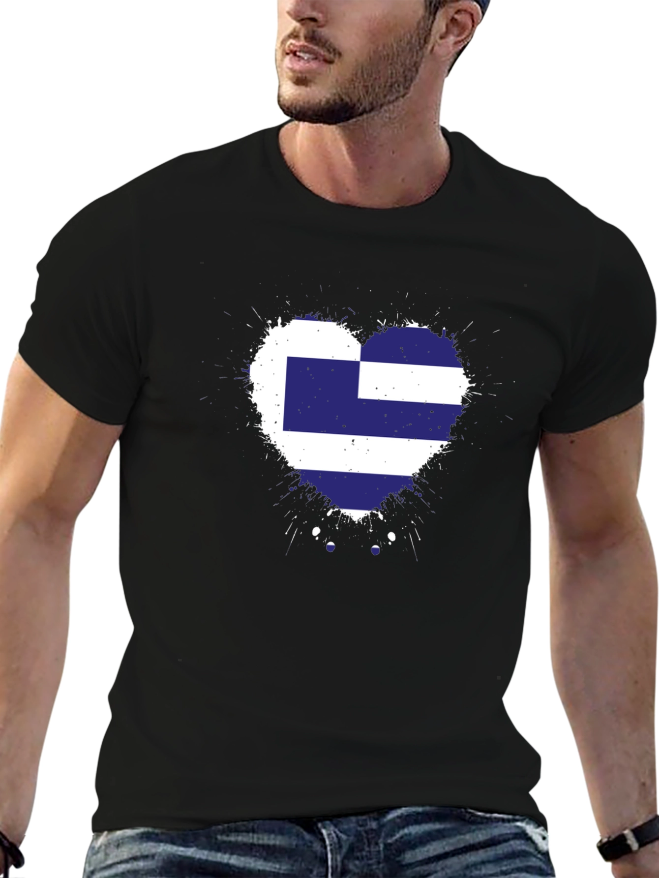 Greek Flag Heart T-Shirt - Black Cotton Tee