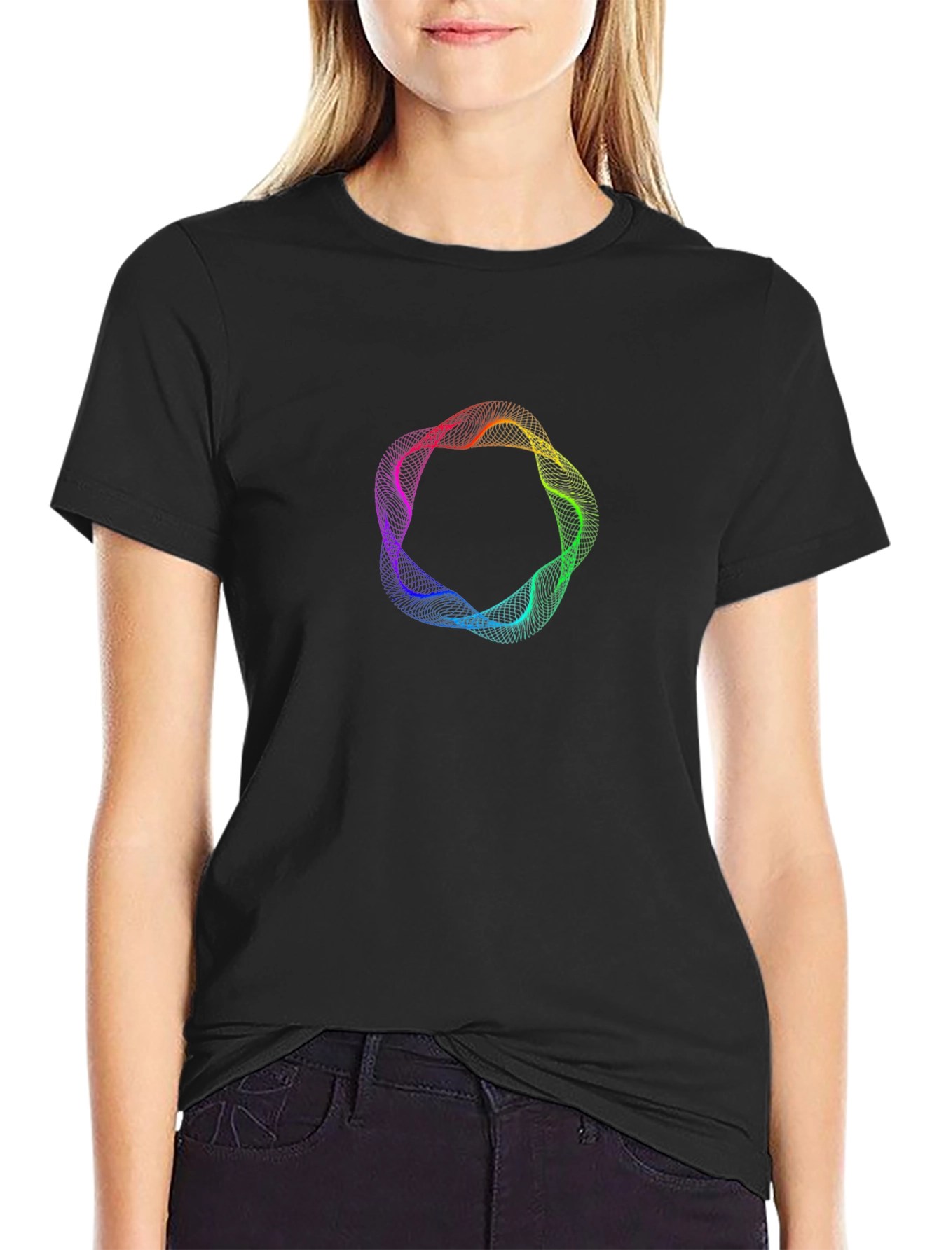 Abstract Rainbow Circle Graphic Black T-Shirt