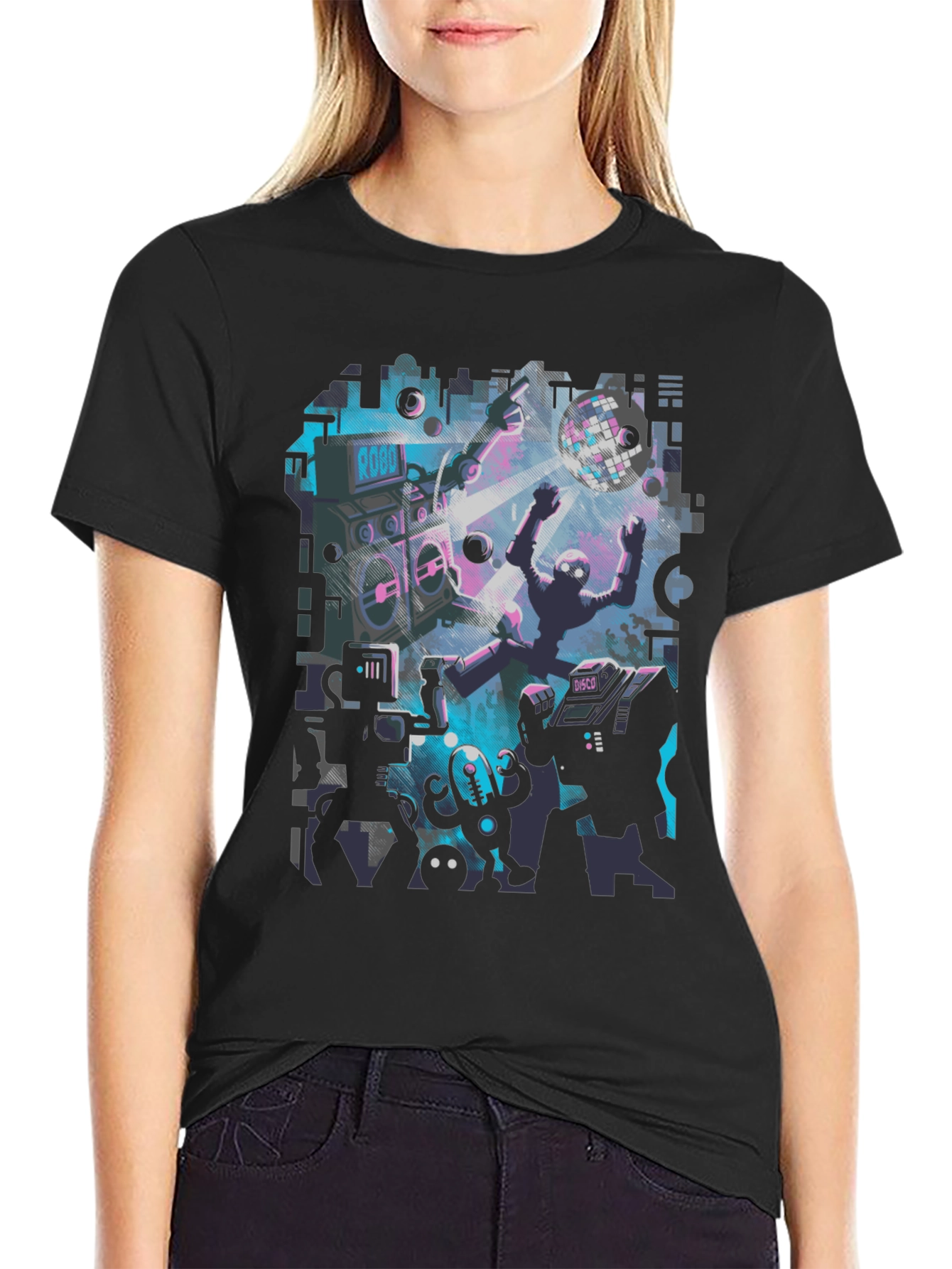 Robot Rave Graphic Tee - Black Crew Neck T-Shirt