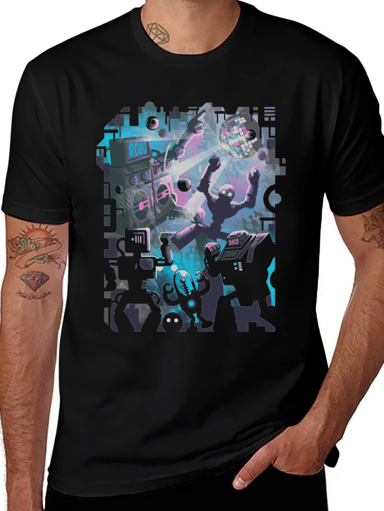 Robot Rave Graphic Tee - Black Crew Neck T-Shirt