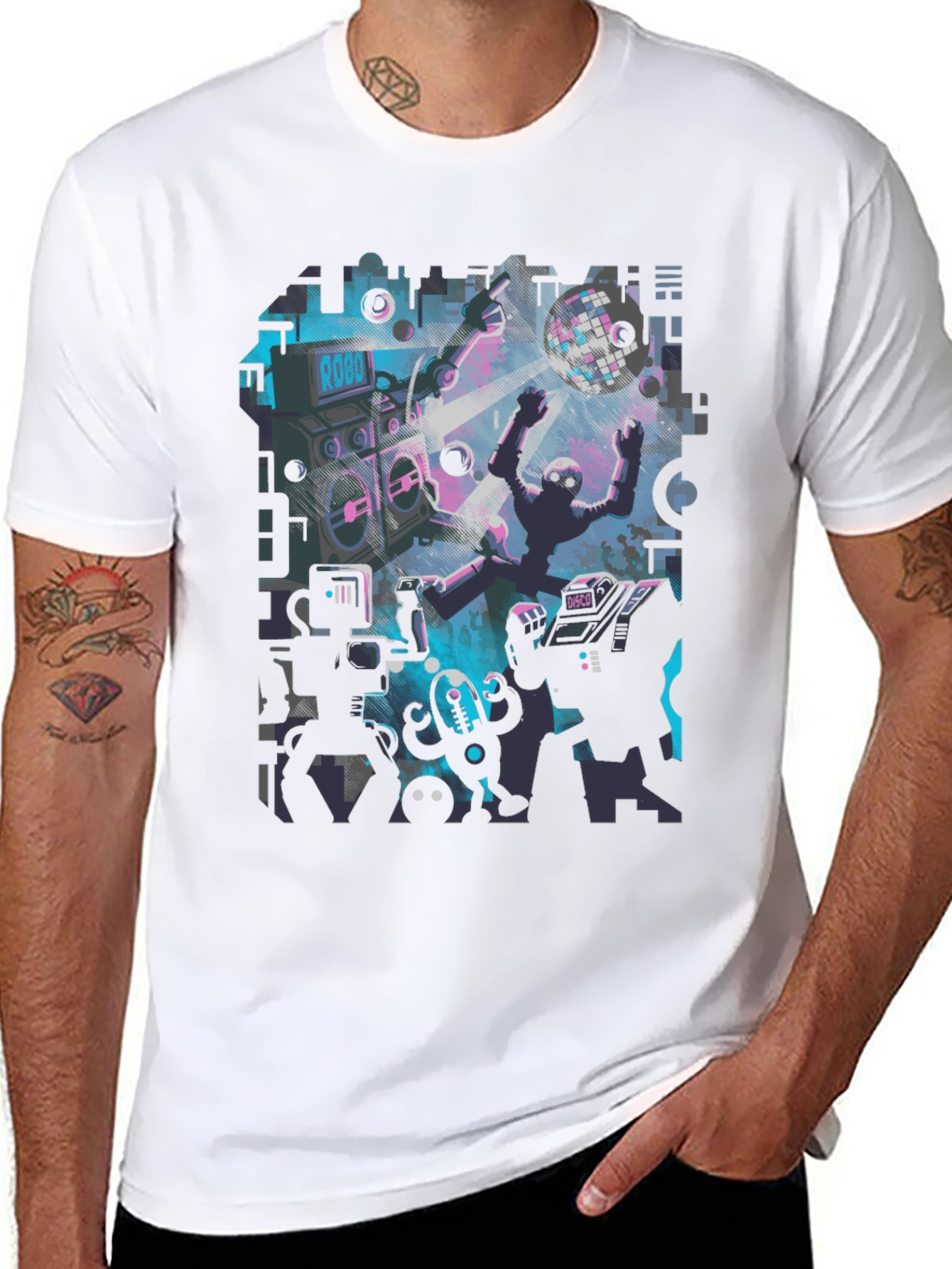 Robot Rave Graphic Tee - Black Crew Neck T-Shirt