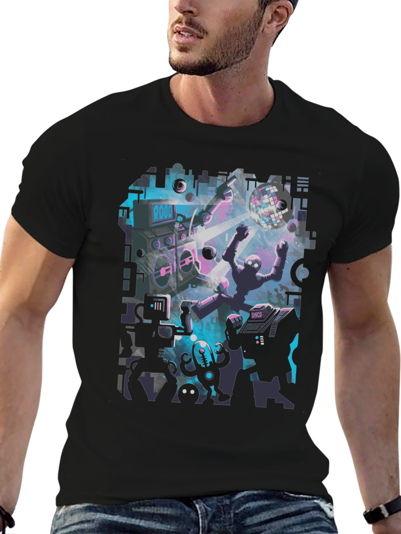 Robot Rave Graphic Tee - Black Crew Neck T-Shirt