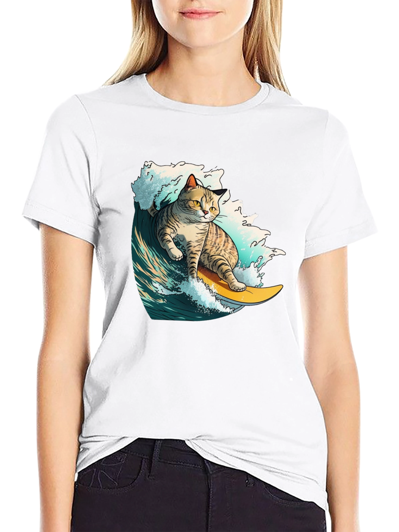 Surfing Cat Graphic T-Shirt - Cool Animal Tee