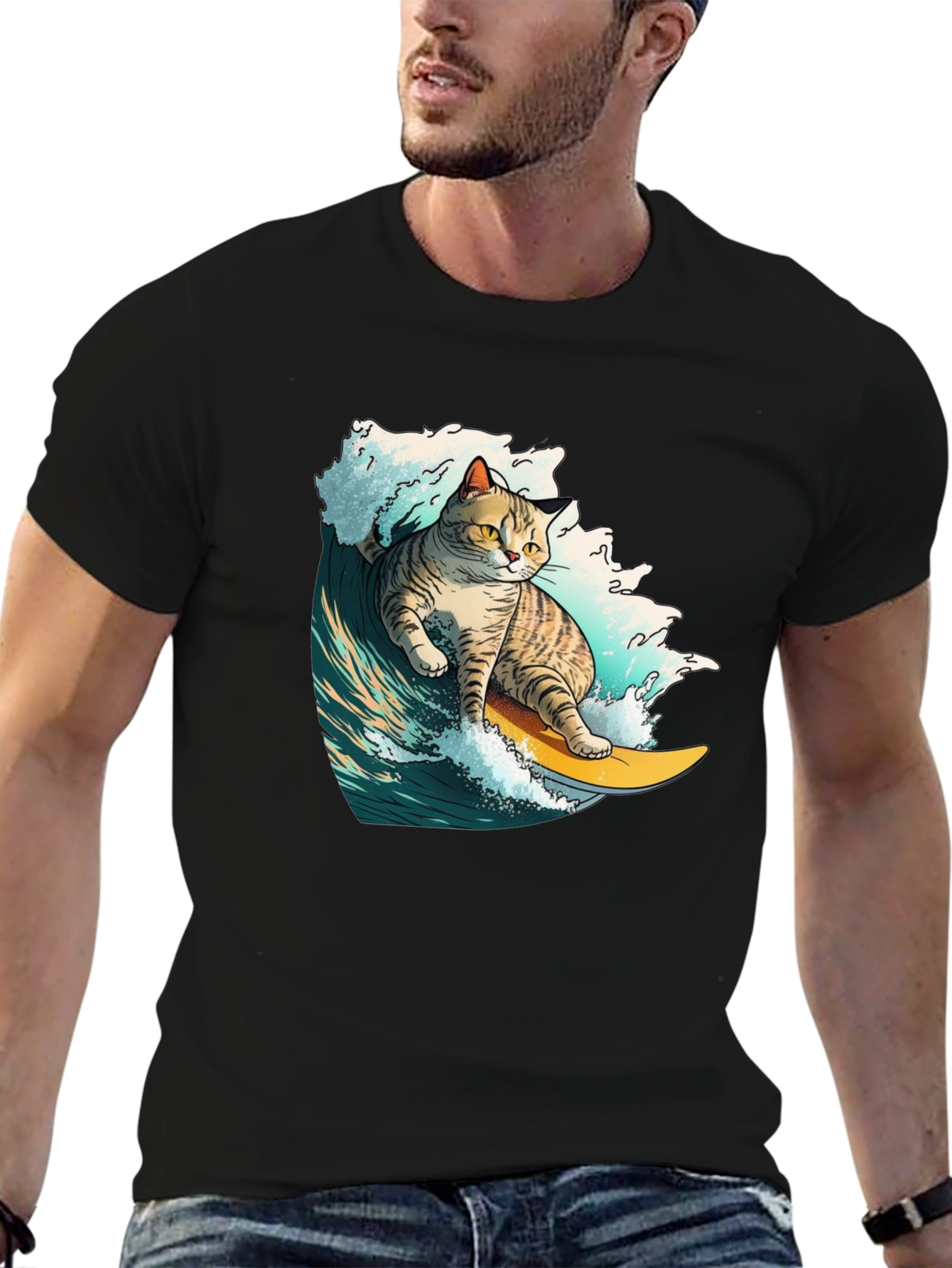 Surfing Cat Graphic T-Shirt - Cool Animal Tee