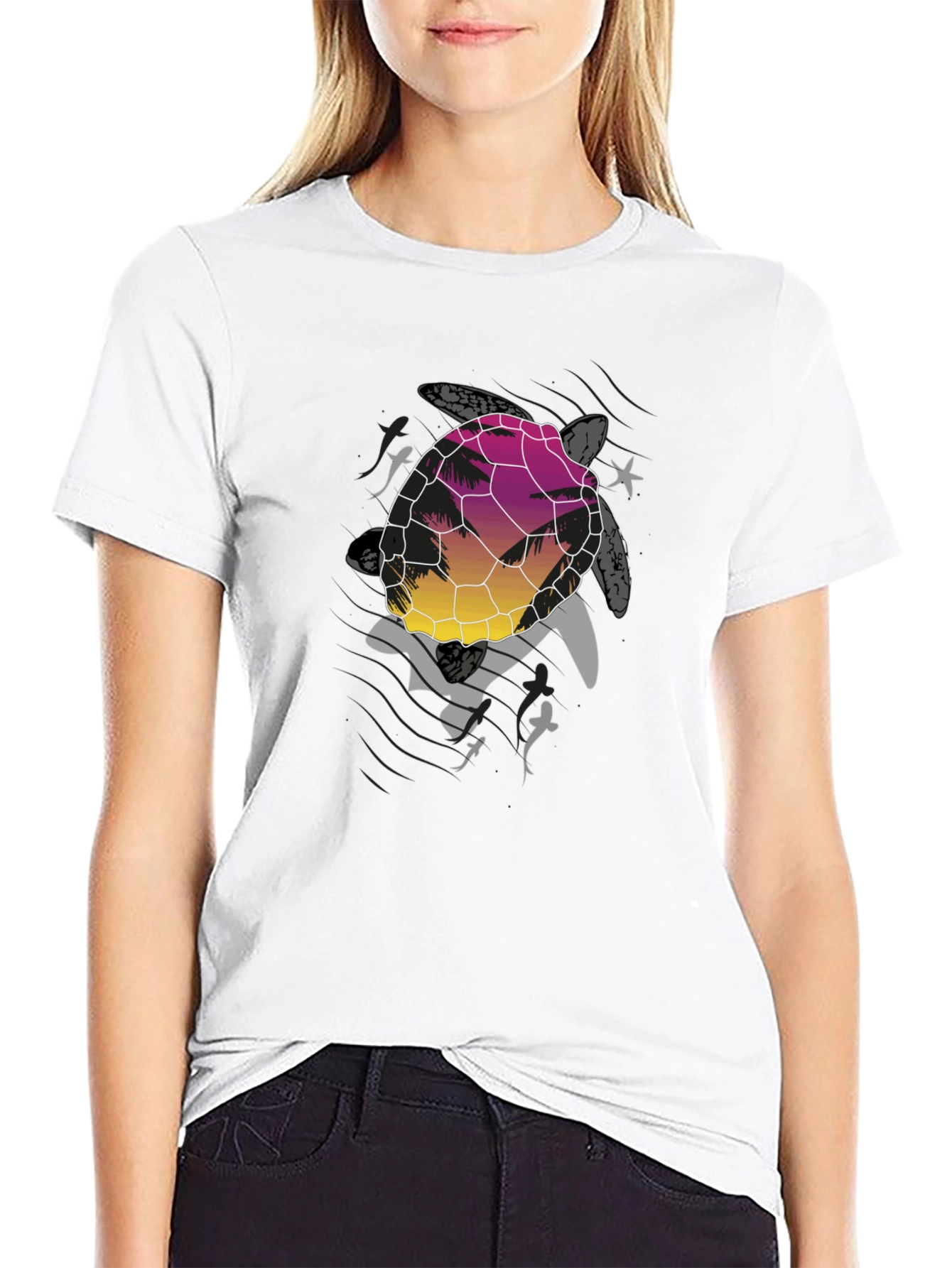 Sunset Turtle Graphic Tee - Black Cotton Blend