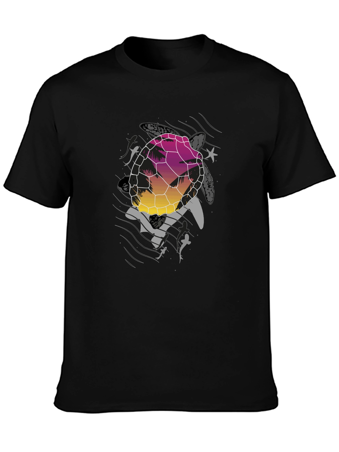 Sunset Turtle Graphic Tee - Black Cotton Blend