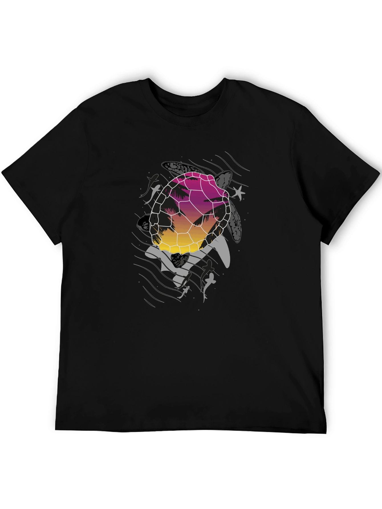 Sunset Turtle Graphic Tee - Black Cotton Blend