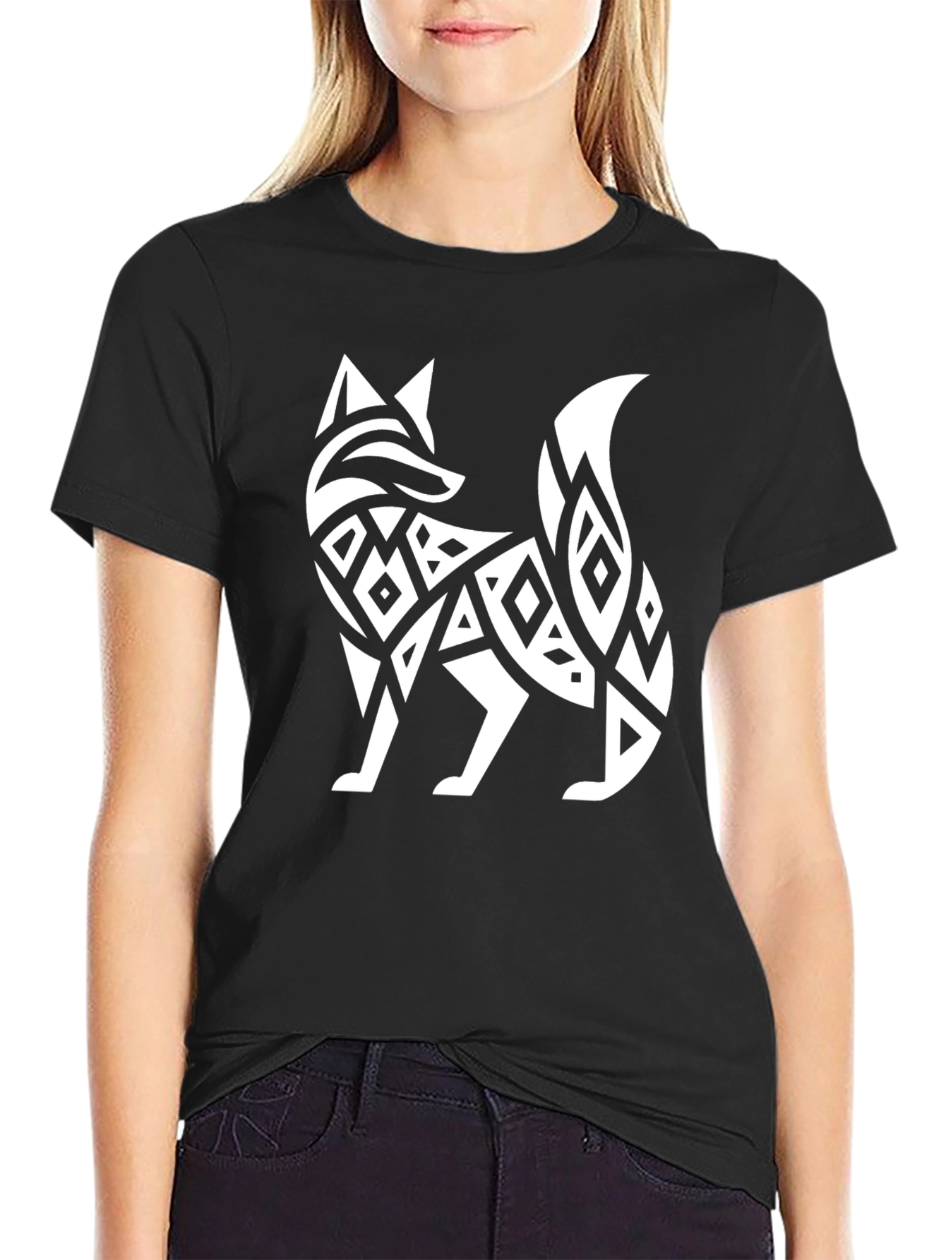 Tribal Fox Graphic Tee - Black Cotton T-Shirt