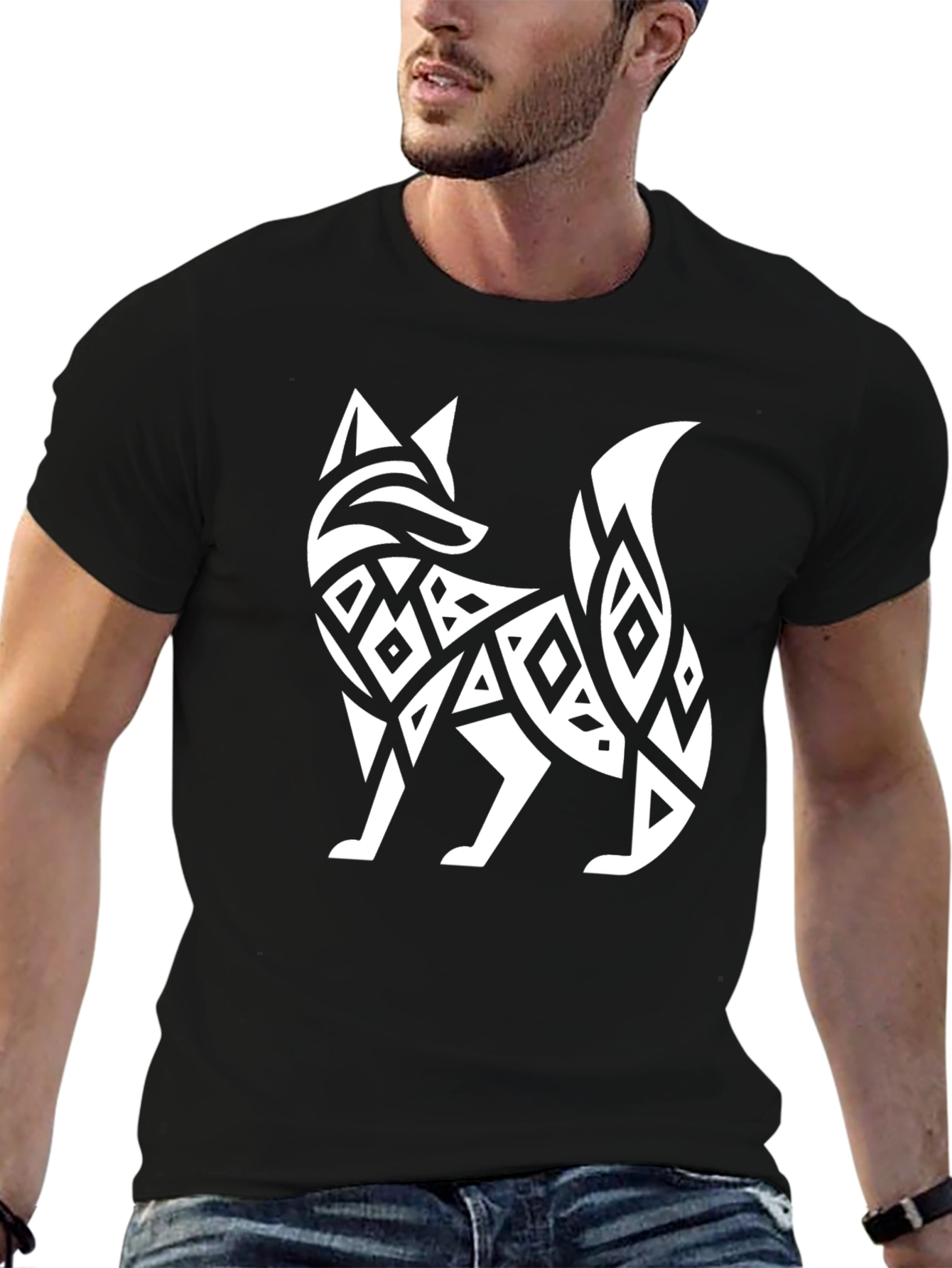 Tribal Fox Graphic Tee - Black Cotton T-Shirt