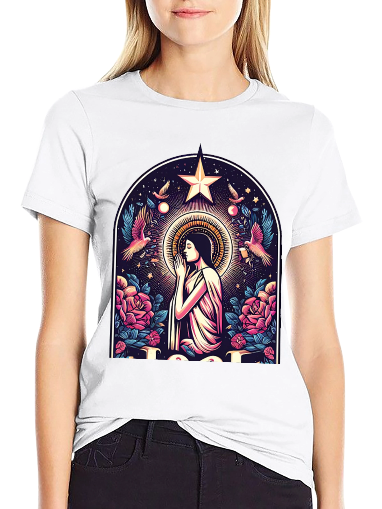 Mystical Praying Woman Graphic Tee - Black