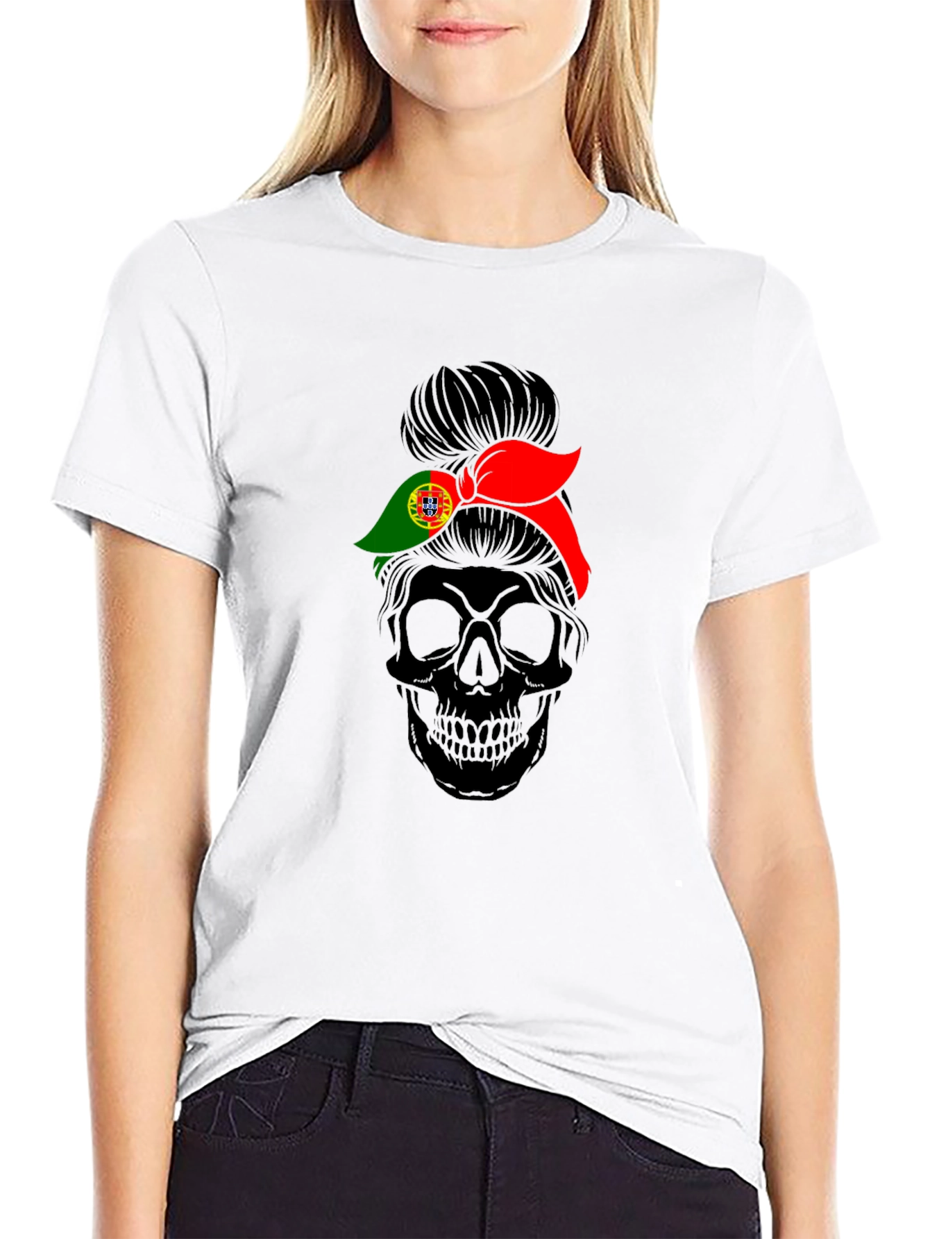 Skull Messy Bun Portugal Flag T-Shirt