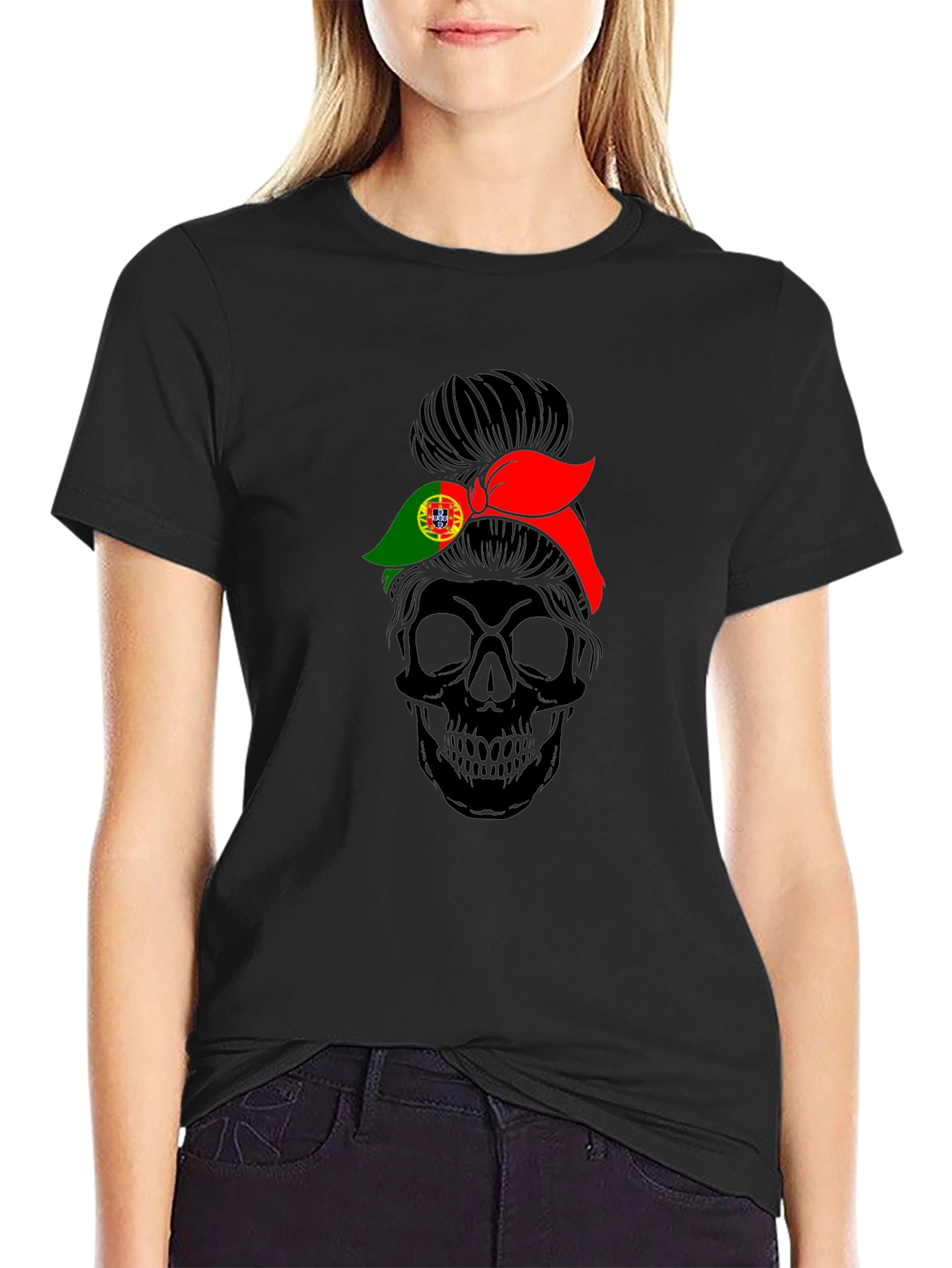 Skull Messy Bun Portugal Flag T-Shirt
