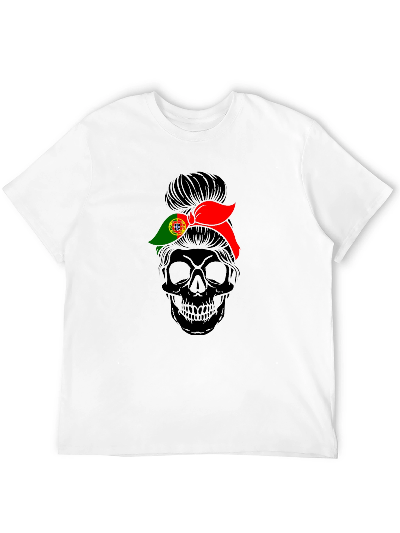 Skull Messy Bun Portugal Flag T-Shirt