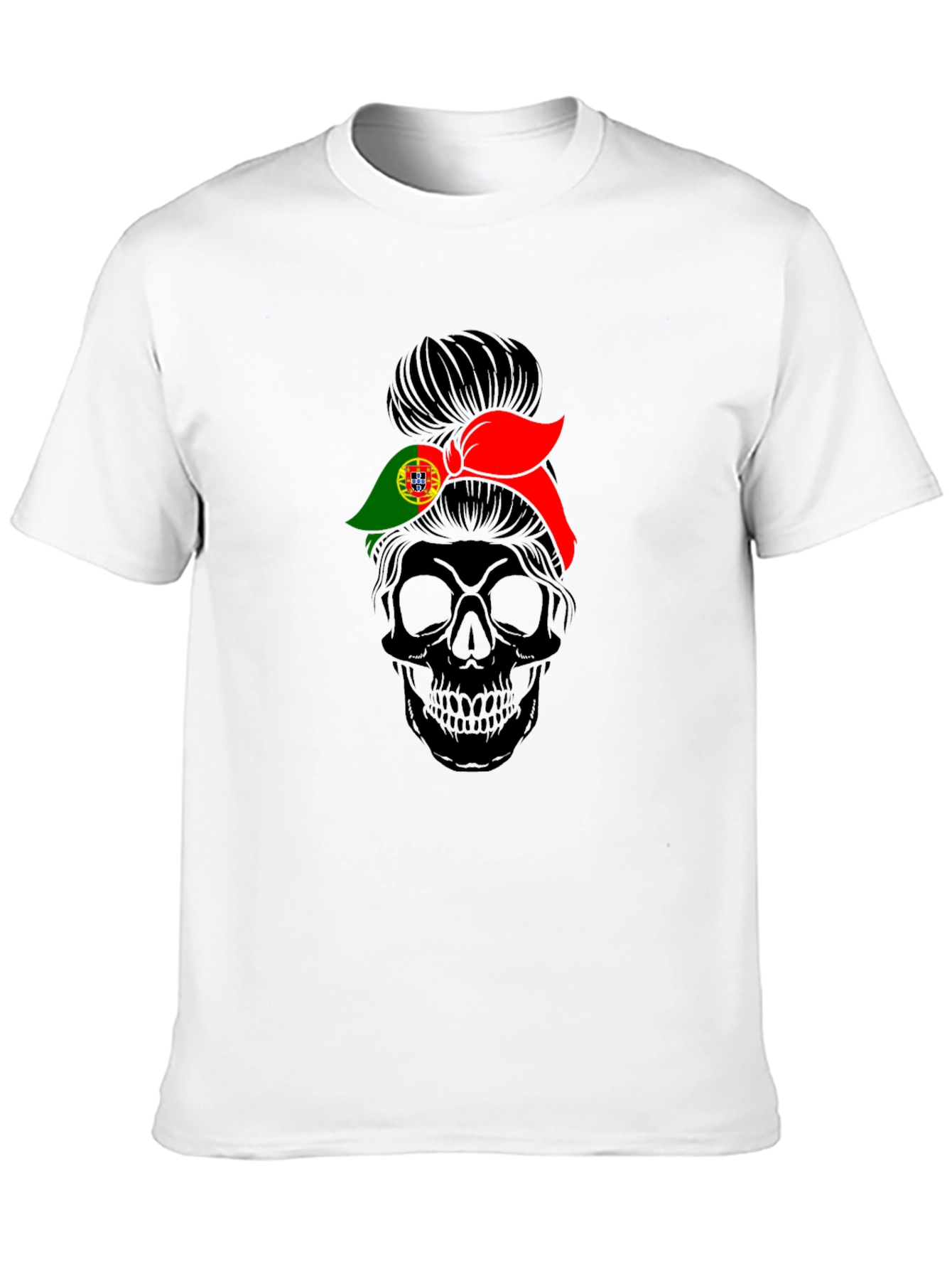 Skull Messy Bun Portugal Flag T-Shirt