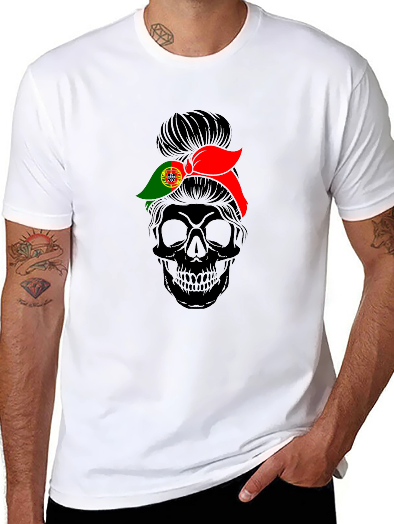Skull Messy Bun Portugal Flag T-Shirt
