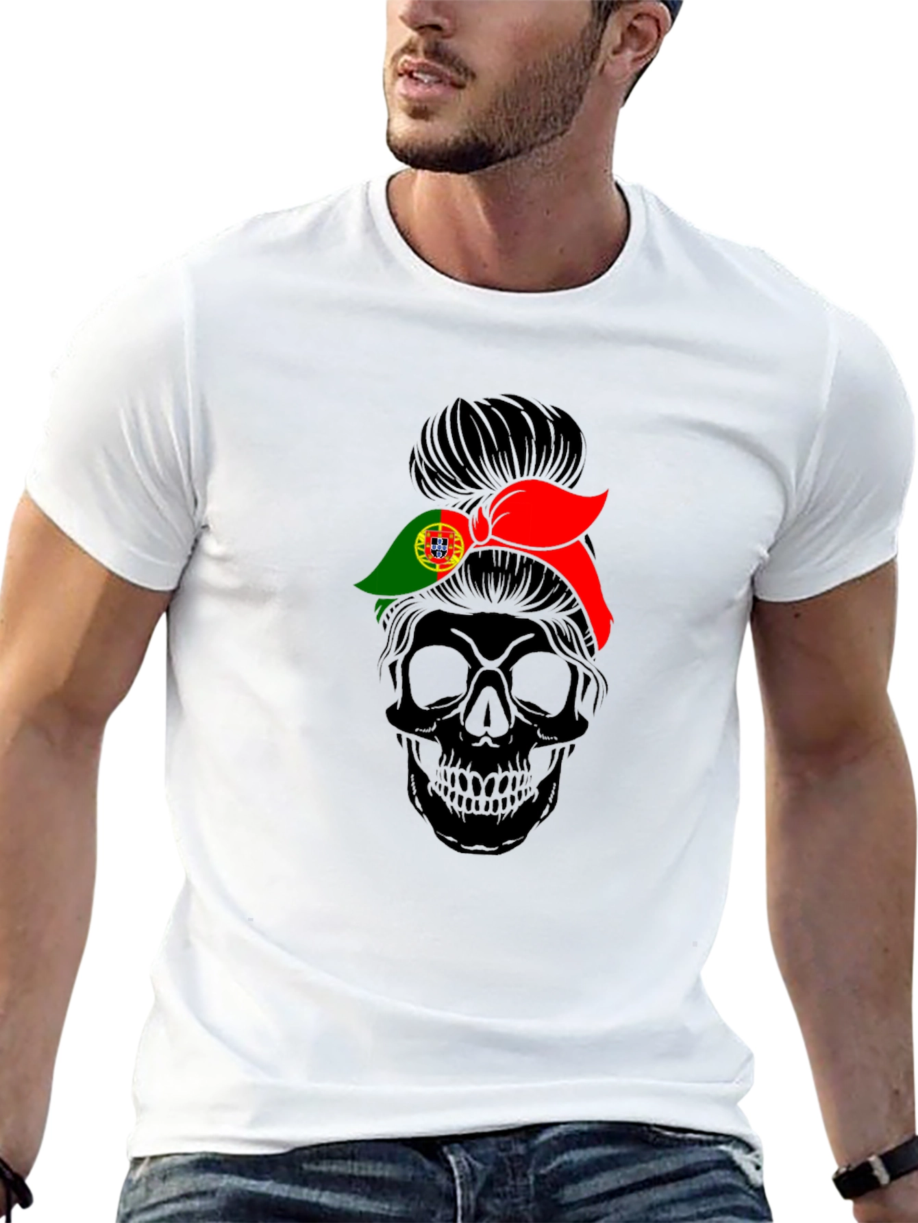 Skull Messy Bun Portugal Flag T-Shirt